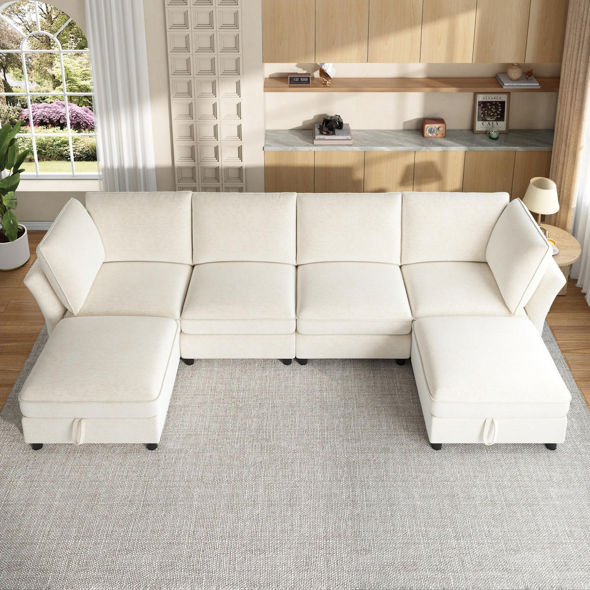 ECKSOFA mit 2 Stauraum-Hockern und Taschenfedern aus Chenille - Beige, Textil (289/137cm) - EVRYAE