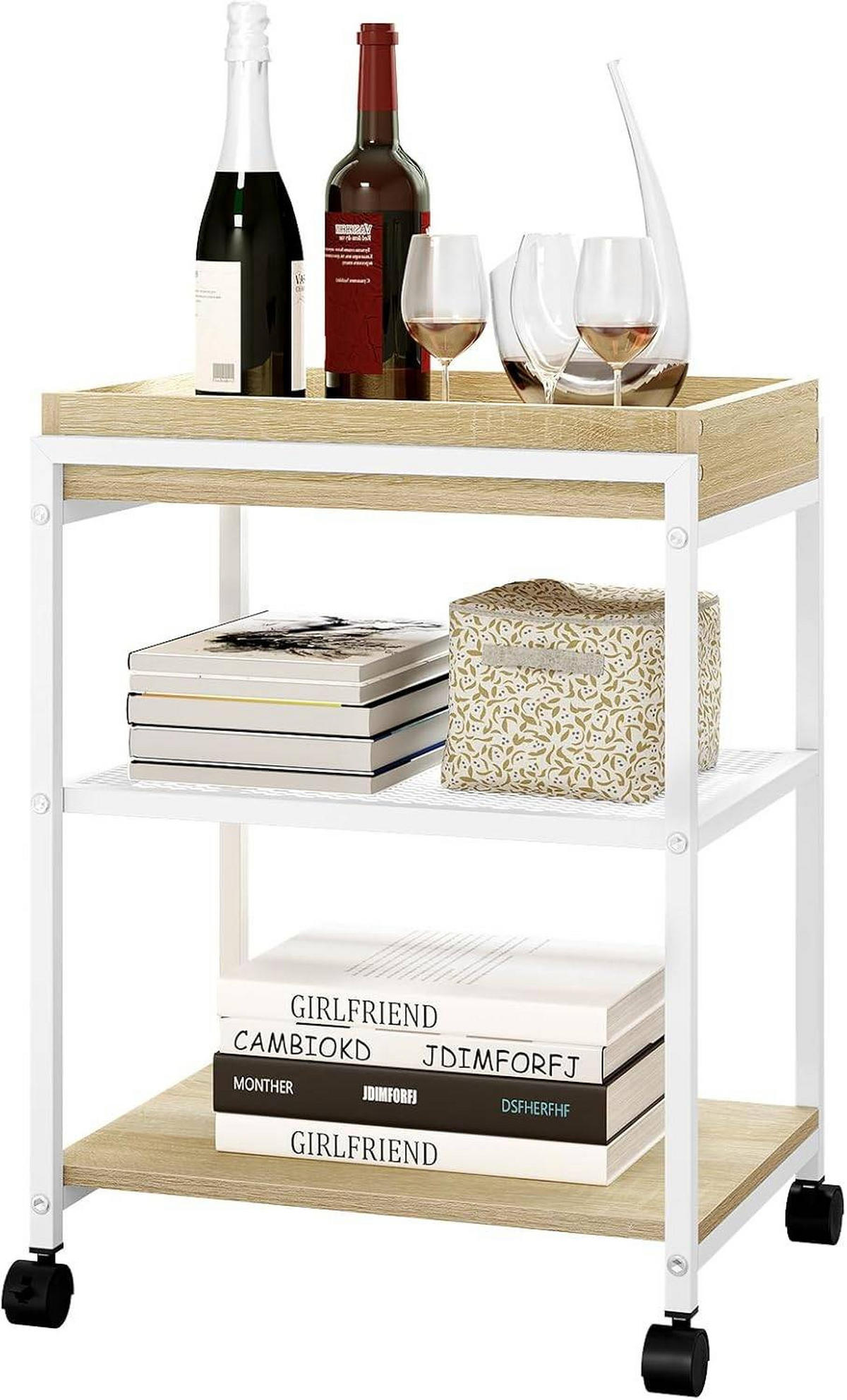 BEISTELLTISCH, mit Rollen, 3 Ablagen 1 abnehmbares Tablett - Hellbraun/Schwarz, Holzwerkstoff/Metall (28.5/41.5/51.5cm) - Woltu