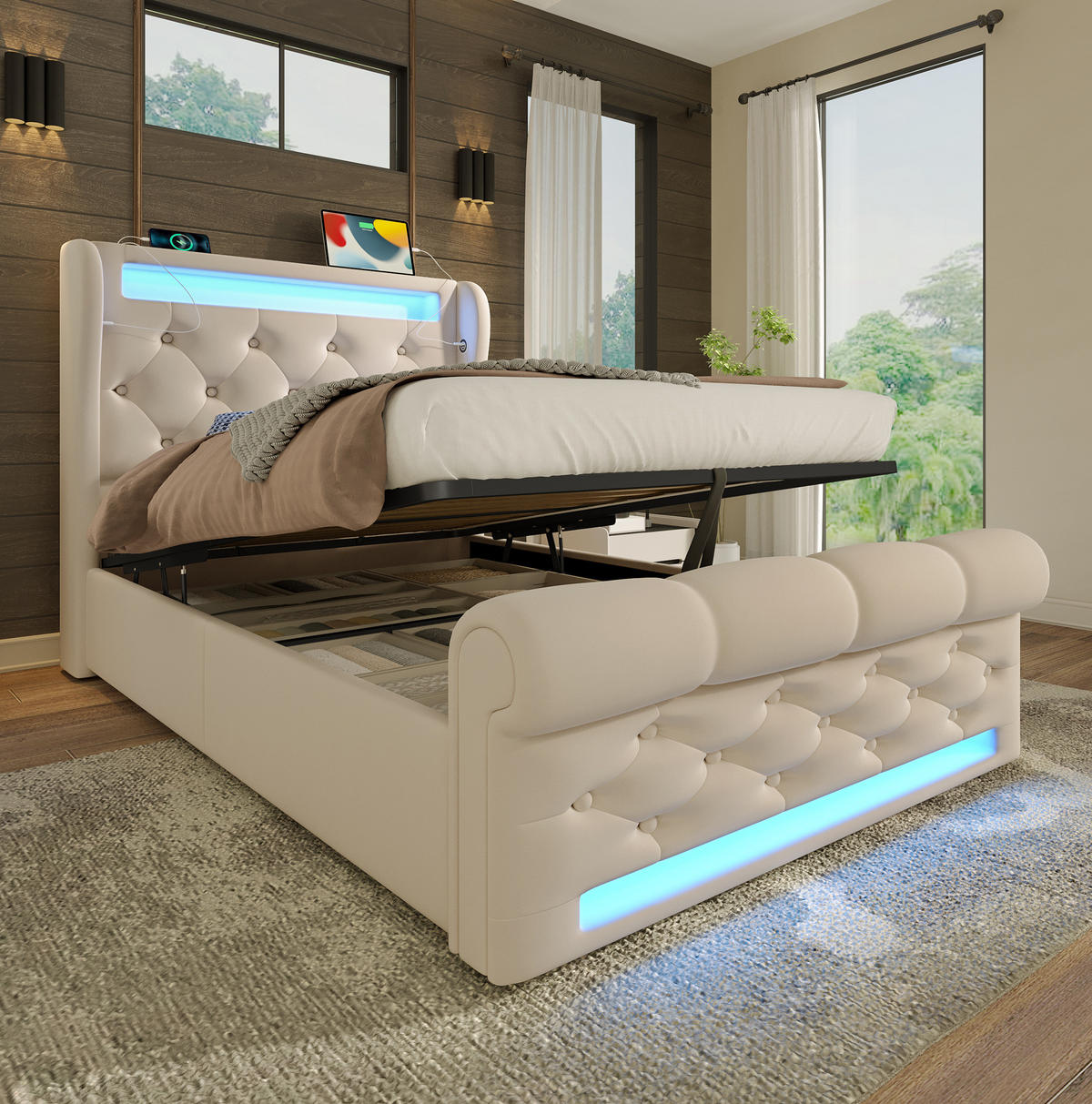 SAMT-POLSTERBETT 90/200 cm mit LED-Beleuchtung, Bettkasten und USB/Type-C - Beige, Textil (90/200cm) - BEAOK