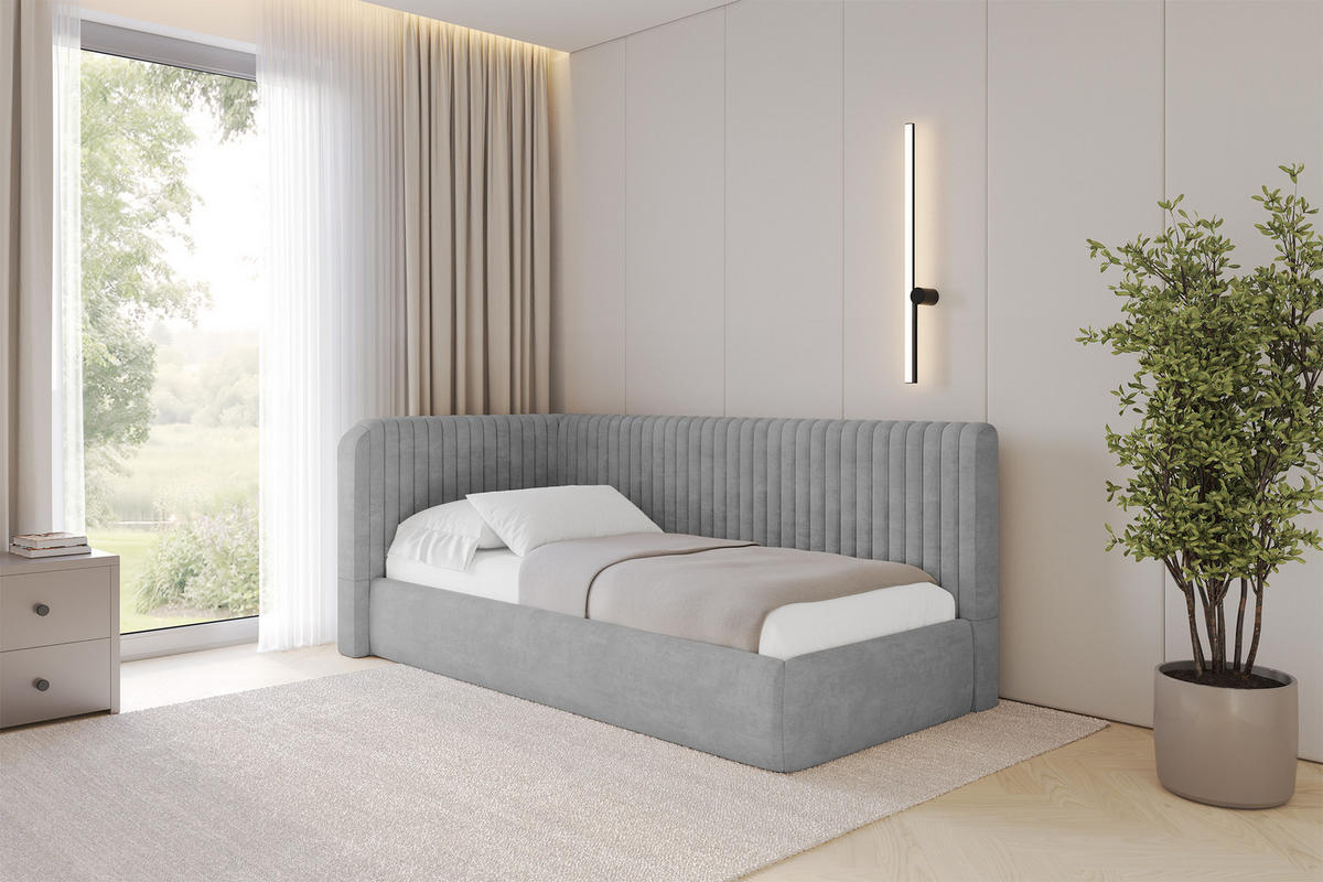 EINZELLBETT Jugendbett mit Bettkasten und Matratze H3/H4, Rechts - AURY 80x200 Grau - Silberfarben, Holzwerkstoff/Textil (80/200cm) - ALTDECOR