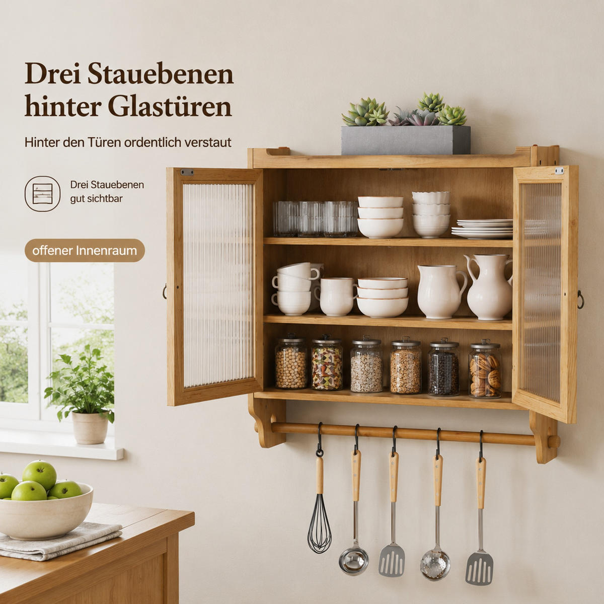 KÜCHENOBERSCHRANK 63/18/60 cm aus Massivholz und MDF mit geriffeltem Glas und Handtuchhalter Natur - Naturfarben, Holzwerkstoff (63/60/18cm) - Modenvie