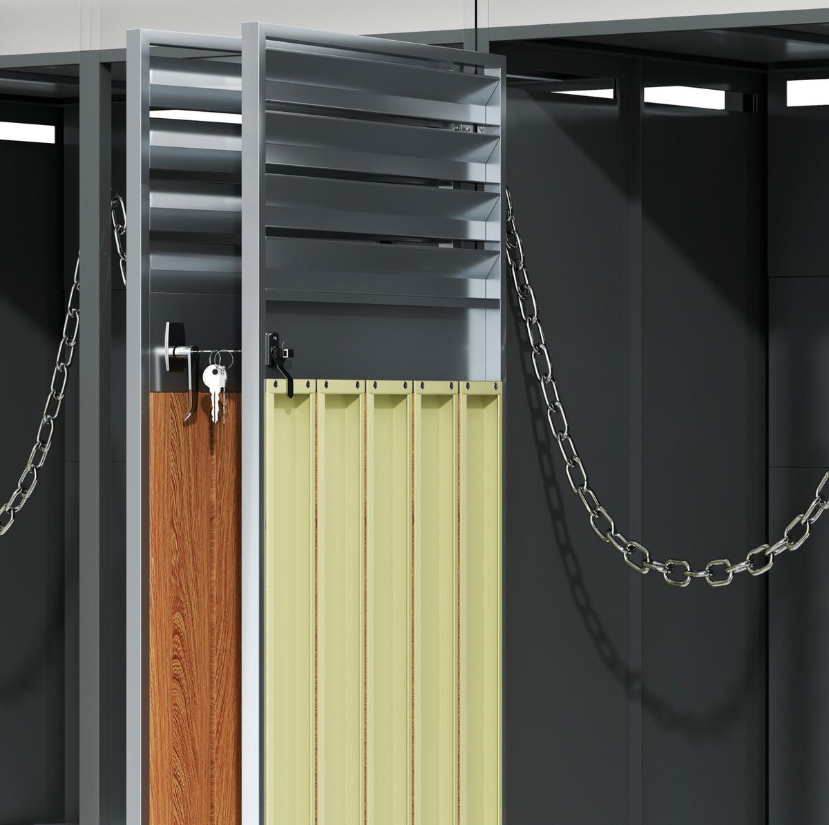 MÜLLTONNENBOX aus Stahl in Grau/Holzoptik mit Pflanzfläche & 4 abschließbaren Türen - Grau, Metall (264/124.5/80cm) - Modfu