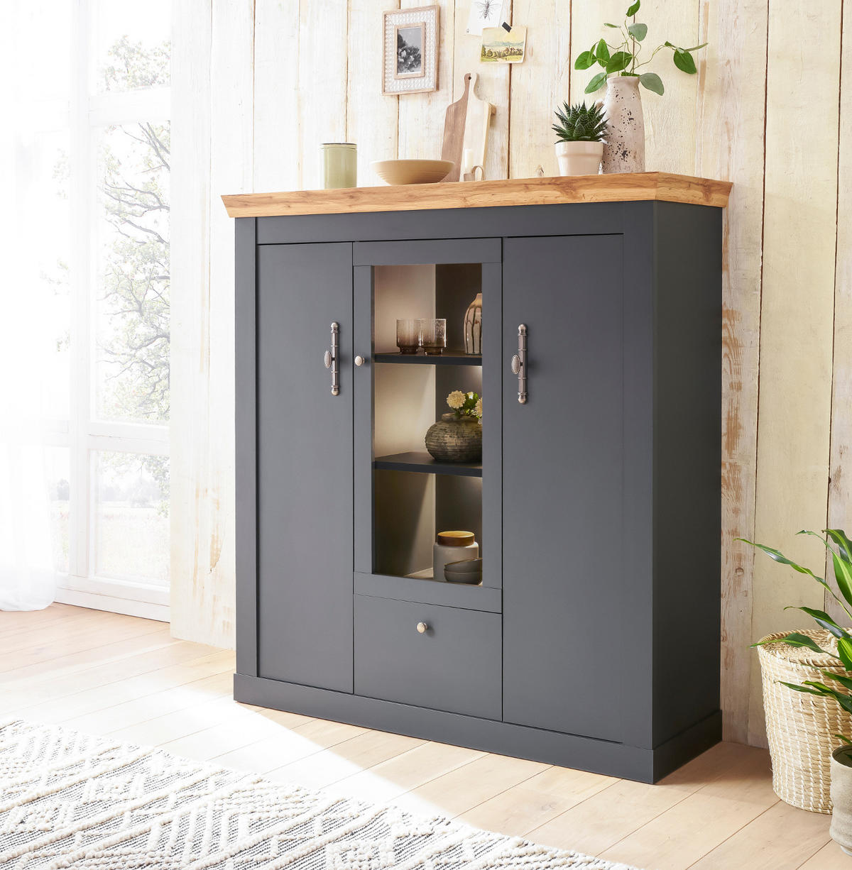 HIGHBOARD grau, Eiche Wotan, Landhaus 141 cm, Vitrine mit Soft-Close - Silberfarben/Eiche Wotan, Glas/Holzwerkstoff (141/146/45cm) - Furn.Design