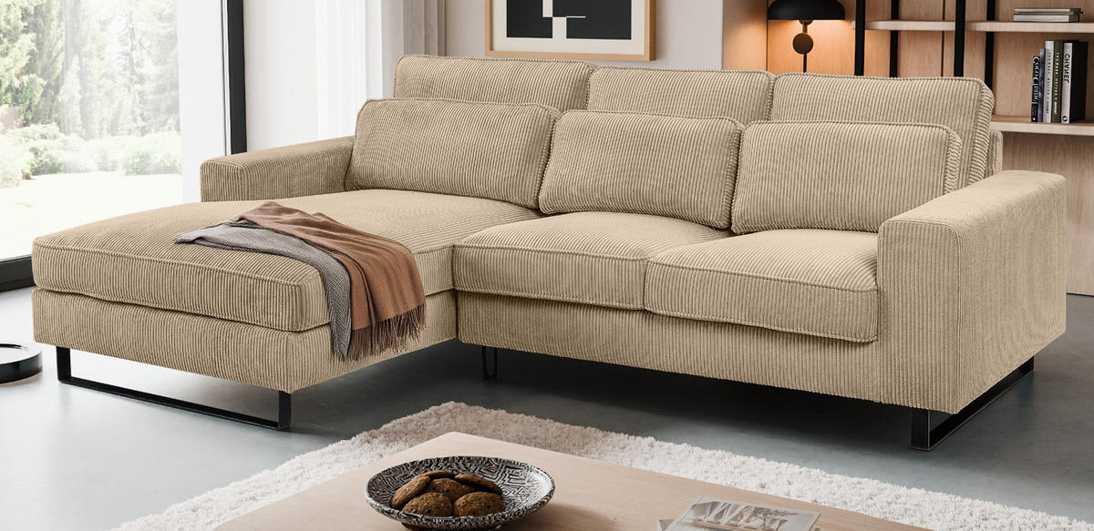 SOFA beige Cord 276 cm, Ecksofa 4-Sitzer, L-Sofa Ottomane links - Beige/Schwarz, Holz/Textil (276/183cm) - Inn.Furn