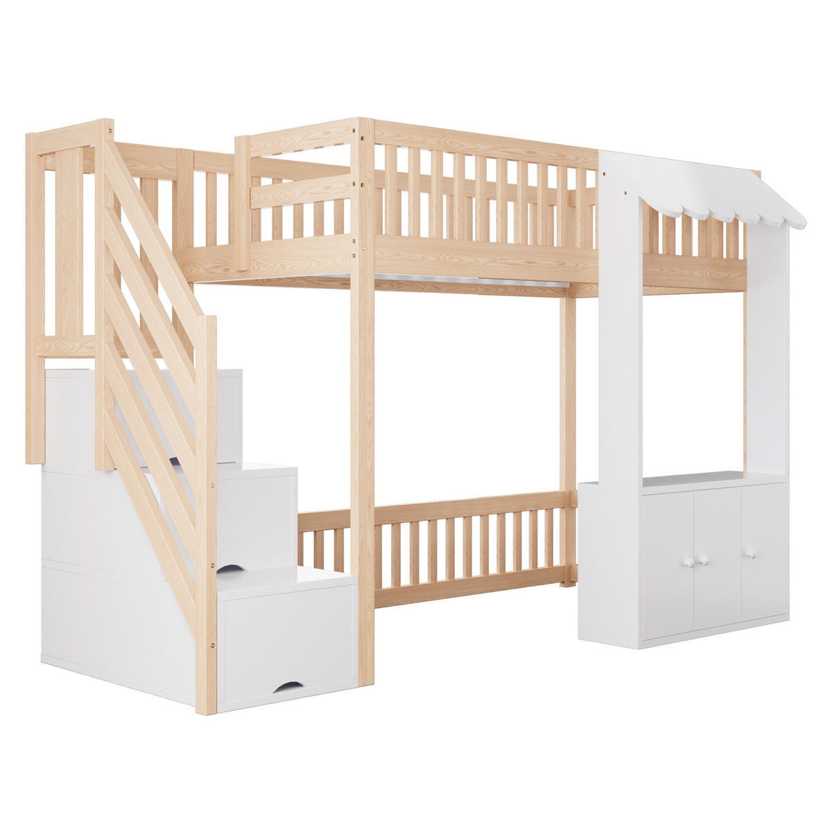 HOCHBETT 90/200 cm in Holzfarbe mit Stauraumtreppe, Stauraum und LED - Naturfarben/Weiß, Holz/Holzwerkstoff (90/200cm) - CHICFURN