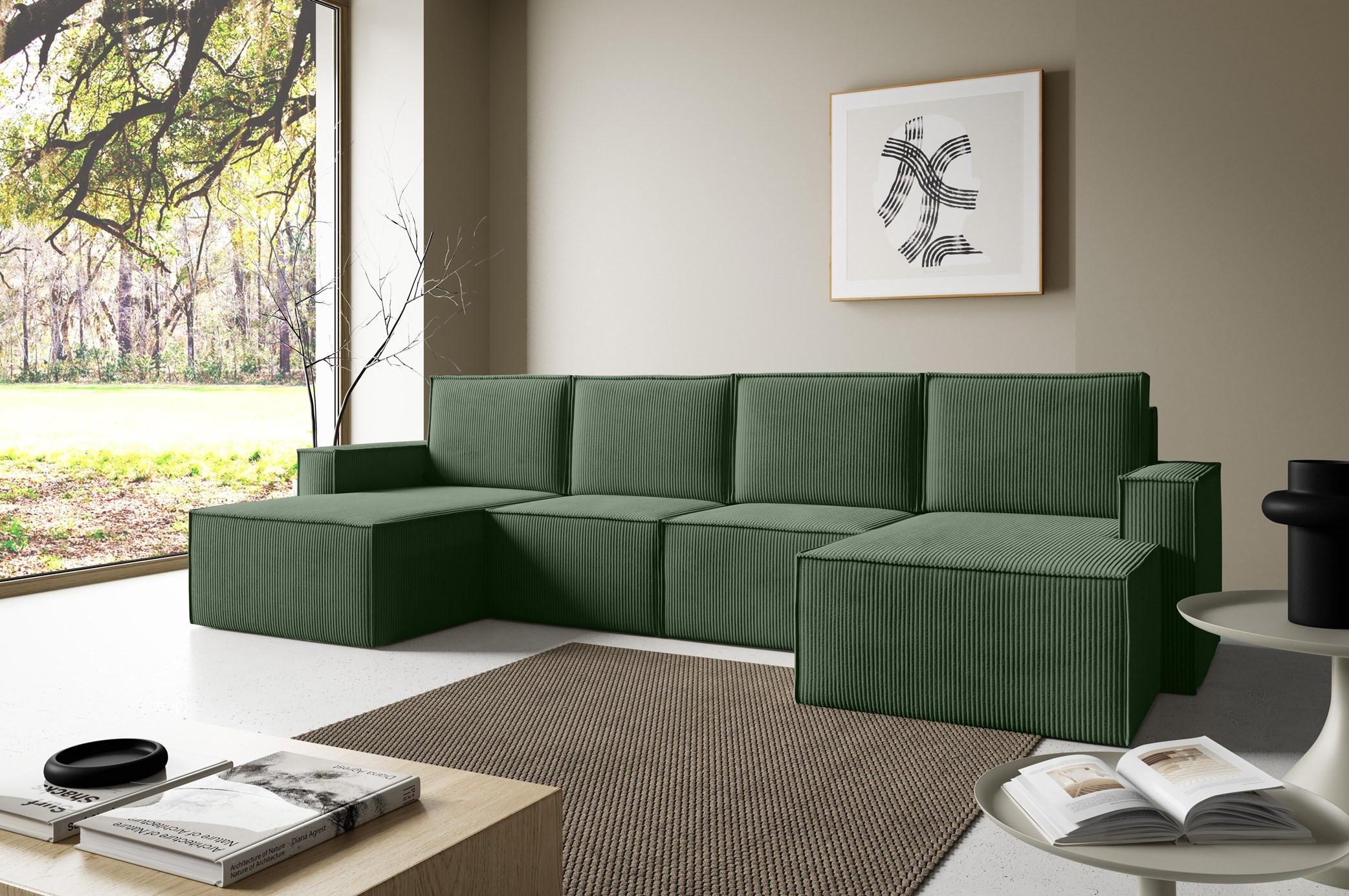WOHNLANDSHAFT Orto Grün - Grün, Holzwerkstoff/Textil (320/93/142cm) - Bettso