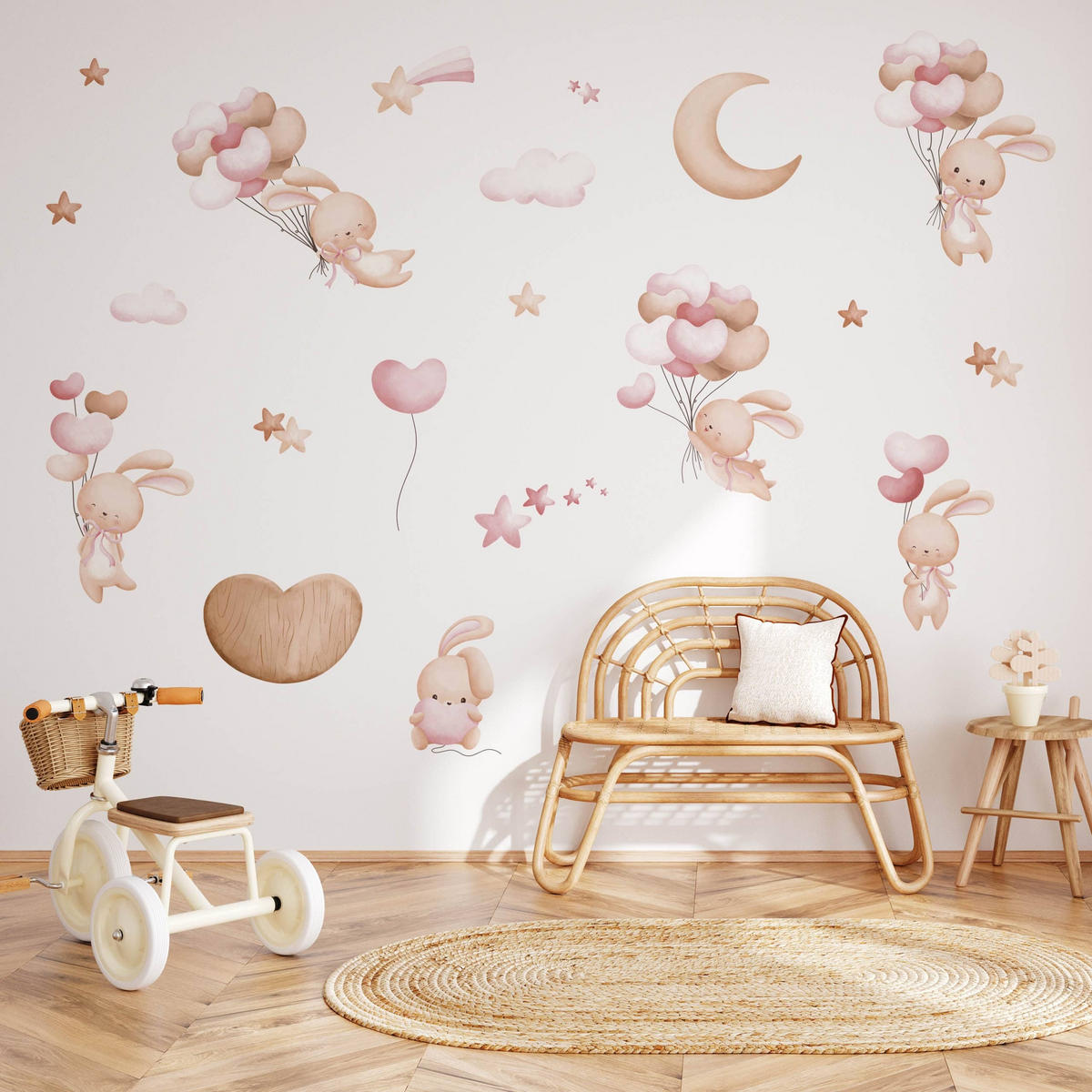 STICKER SET für Kinder Kaninchen Herzen Ballons Sterne 120x60 - Beige/Rosa, Papier (120/60/1cm) - Muralo