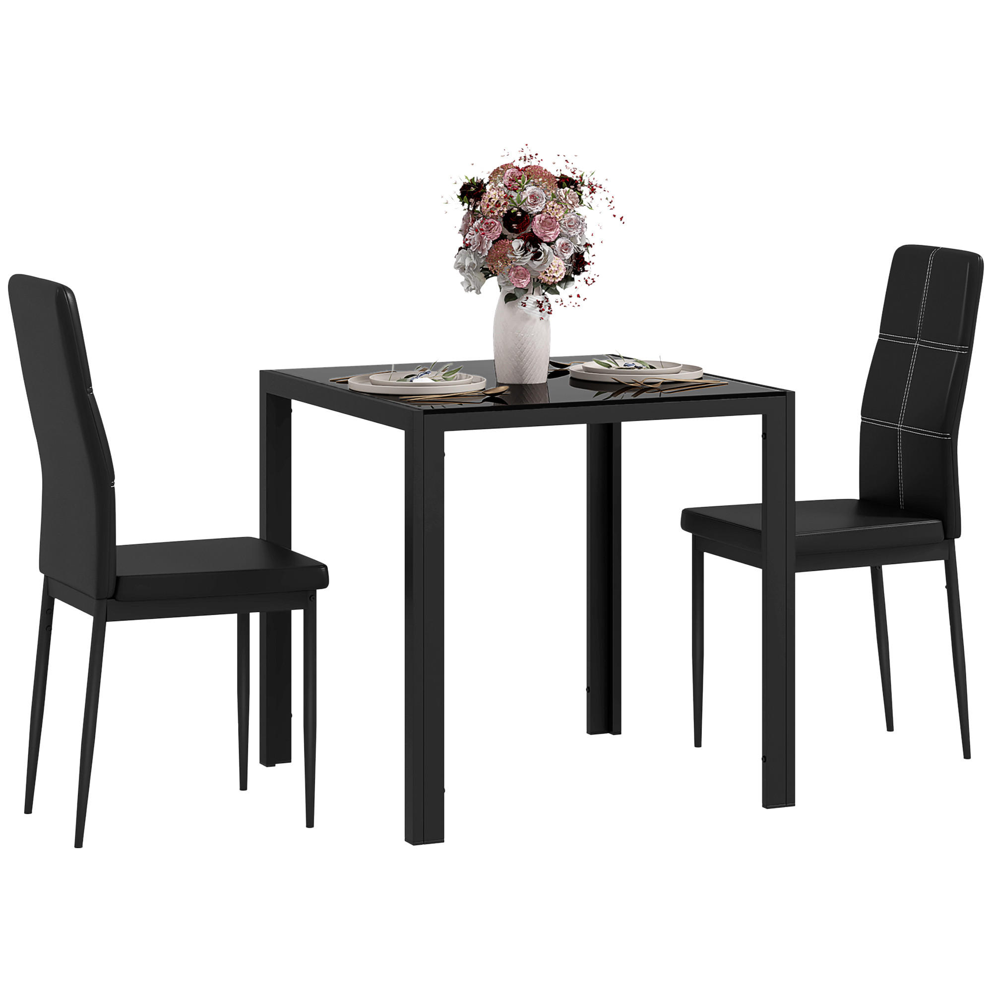 ESSGRUPPE Esstisch mit 2 Stühlen Platzsparend Esszimmergruppe Sitzgruppe Schwarz - Schwarz, Glas (75/75/75cm)