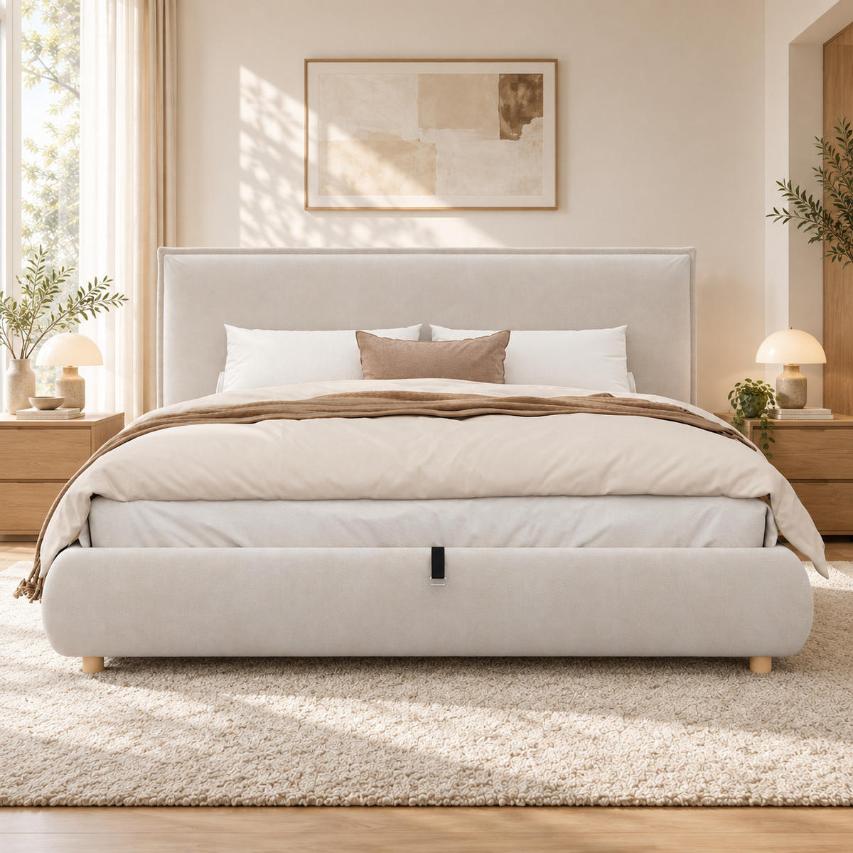 POLSTERBETT 160x200cm, Creme, Samt, Stauraum - Creme, Textil (160/200cm) - FLIEKS