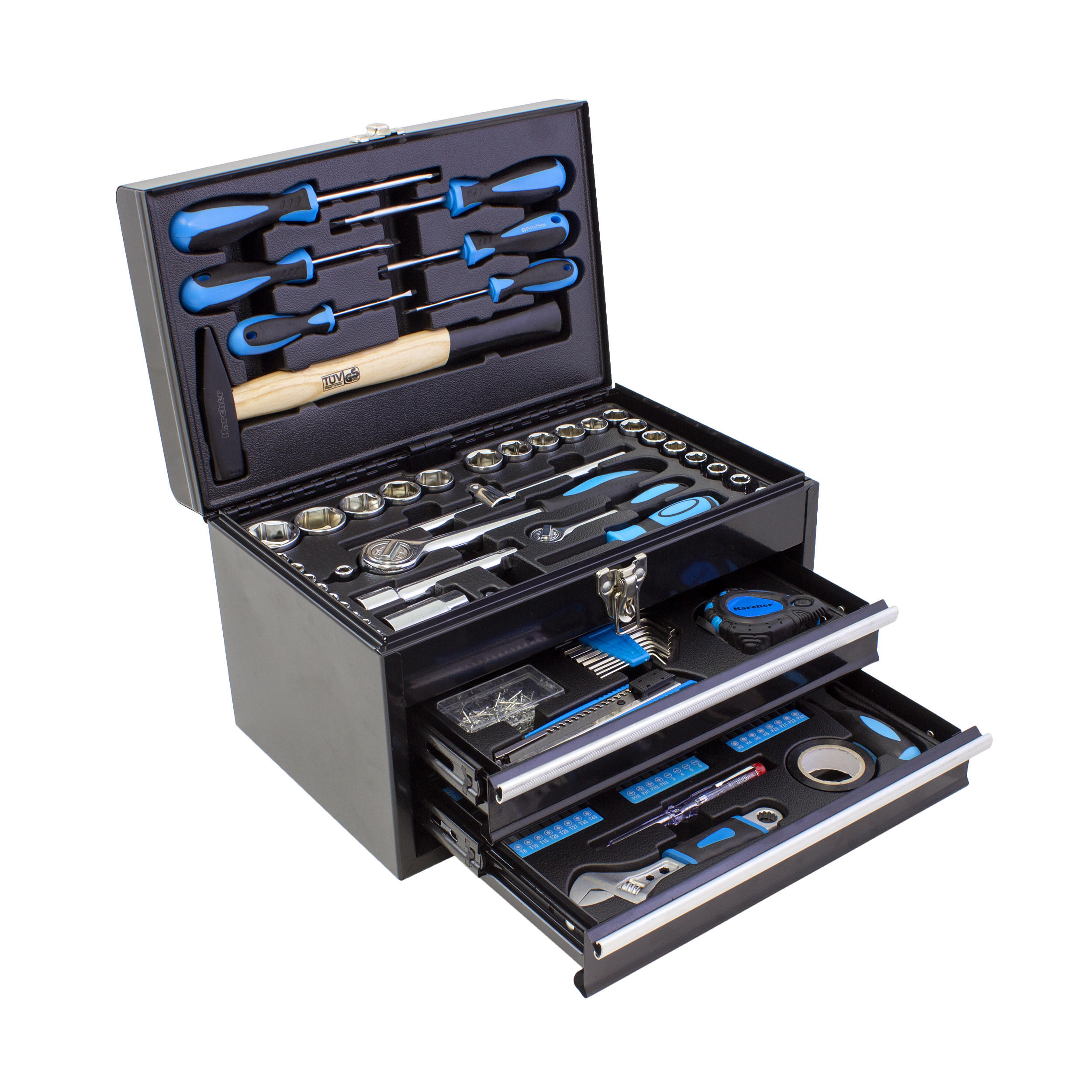 WERKZEUGSET 117-teilig im Werkzeugkasten | Mit Hammer, Schraubendreher, Steckschlüssel, Bitsatz uvm. - Blau, Metall (26/27/40cm) - Karcher
