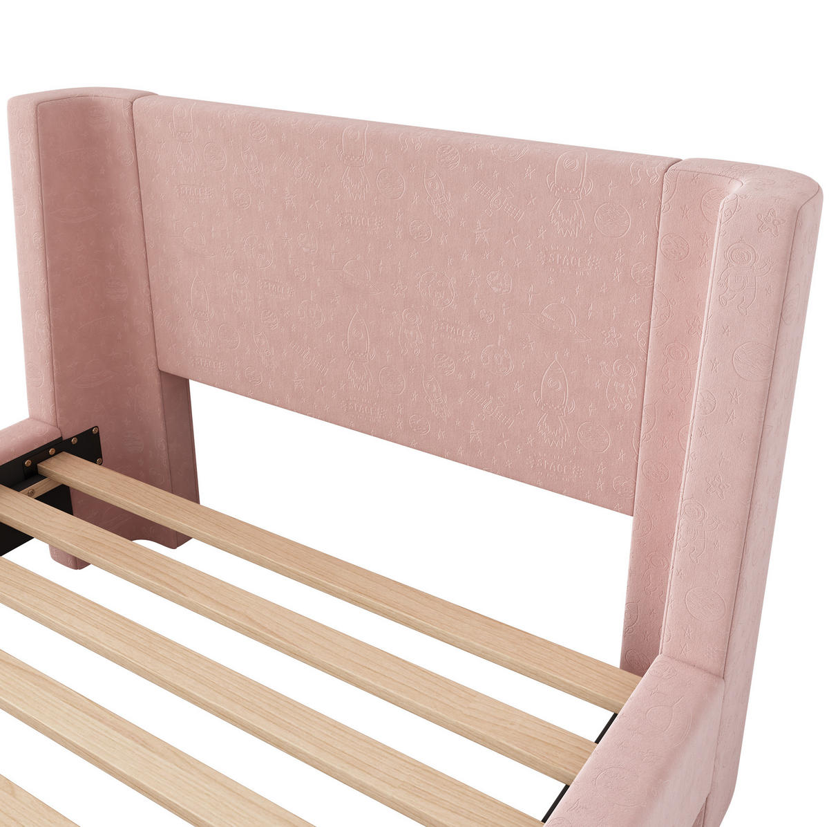 DĚTSKÁ postýlka 90/200 cm s motivem vesmíru, sametovým čalouněním a bezpečnou stabilní konstrukcí, Růžová - růžová, textil (90/200cm) - Redom