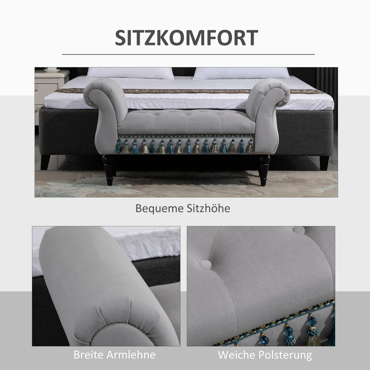 LUXUS Sitzbank Polsterbank Hockerbank Kautschuk Polyester Grau - Hellgrau, Kunststoff (40/58/117cm) - HOMCOM