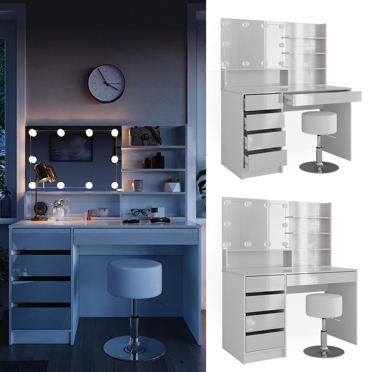 SCHMINKTISCH Sherry Weiß 145 cm mit LED Beleuchtung Hocker und Spiegelregal - Weiß, Holzwerkstoff (55/75/145cm) - Vicco