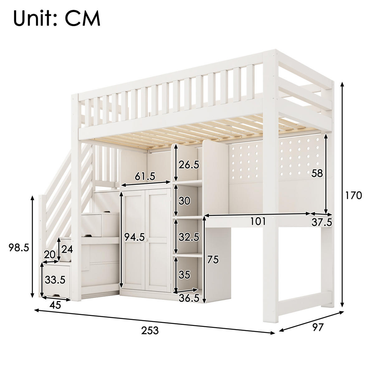 HOCHBETT aus Kiefernholz, MDF und Sperrholz 90x200 cm Weiß mit Schreibtisch, Kleiderschrank, Regalen und USB/USB-C - Weiß, Holzwerkstoff (90/200cm) - Modfu
