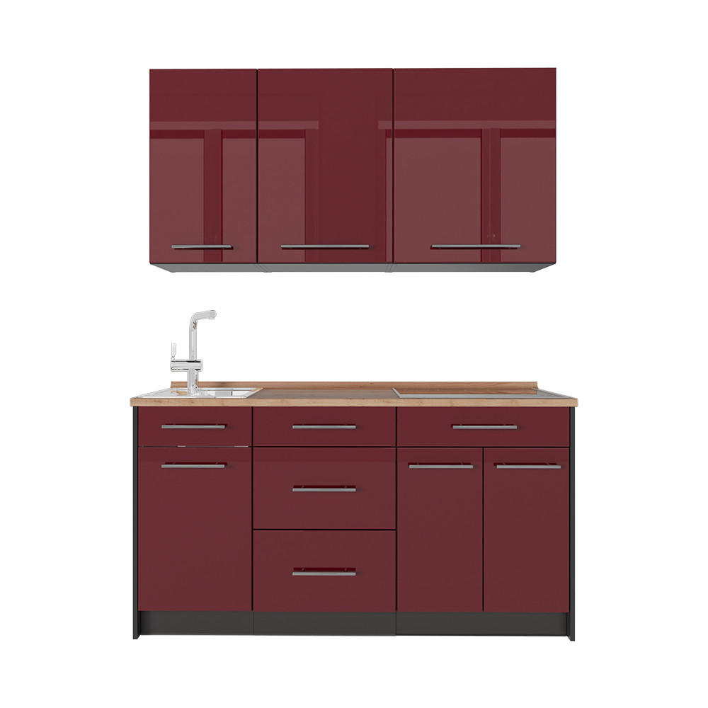 SINGLEKÜCHE Fame-Line, Bordeaux Hochglanz/Anthrazit, 150 cm, AP Eiche - Bordeaux/Anthrazit, Holzwerkstoff (150/82/60cm) - Vicco
