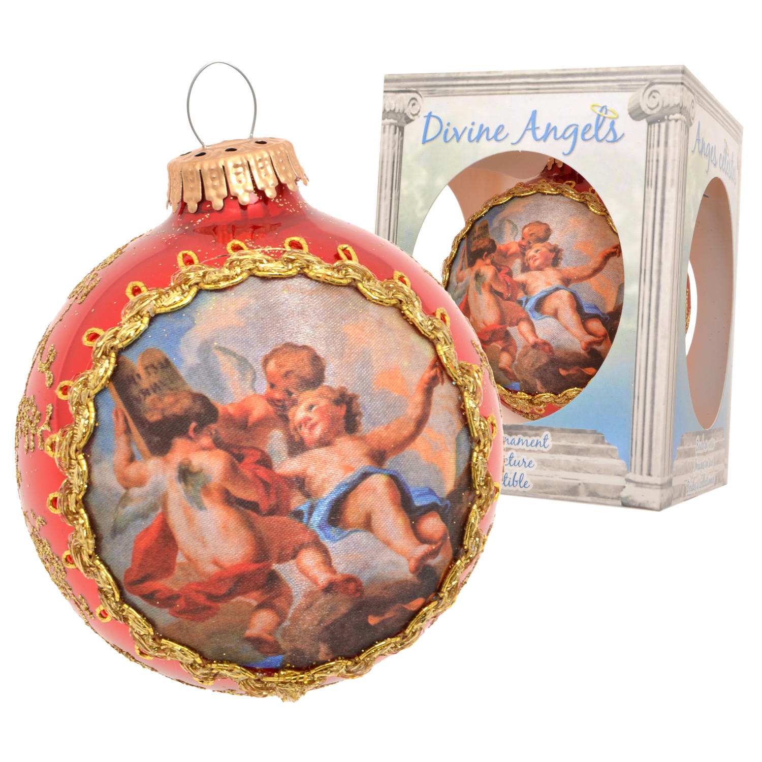 CHRISTBAUMKUGEL Seidenbild Engelskinder Rot 8cm (Glas / 1 Stk.) - Rot, Glas (8/8/8cm) - Krebs Glas Lauscha