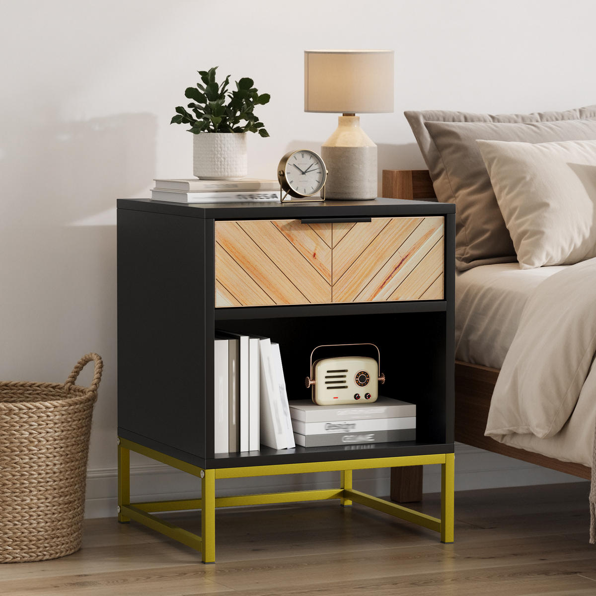 NACHTTISCH 43/40/55 cm mit Schublade & offenem Fach in Schwarz/Natur - Hellbraun, Holzwerkstoff (40/55/43cm) - BEAOK