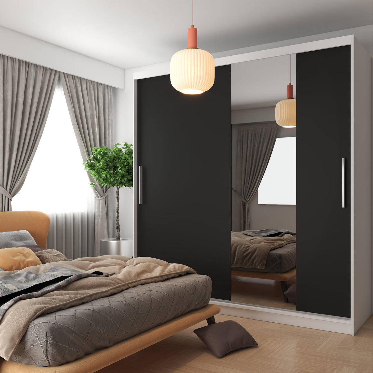 SCHWEBETÜRENSCHRANK Verona MSE, Weiß/Schwarz Matt, 200 cm, mit Spiegel - Schwarz, Holz (200/216/60cm) - B BELINI GROUP