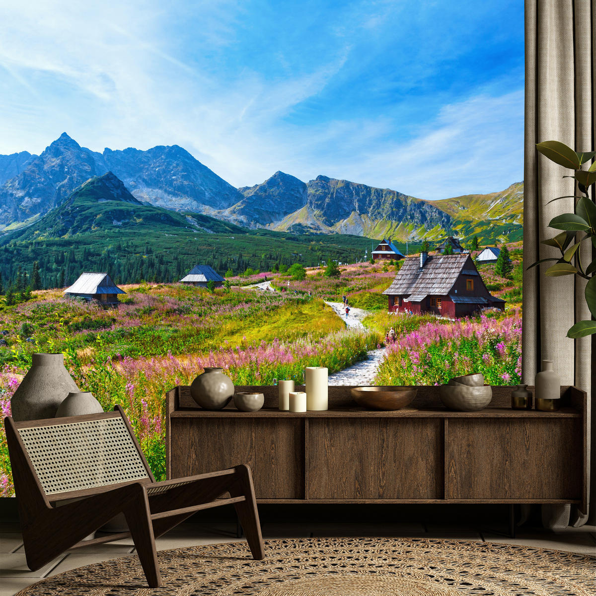 FOTOTAPETA Pre Obývaciu Izbu Kamenný Chodník Hory Stromy Rastliny Domy 100 x 70 cm - sivá/zelená, papier (100/70cm) - Muralo