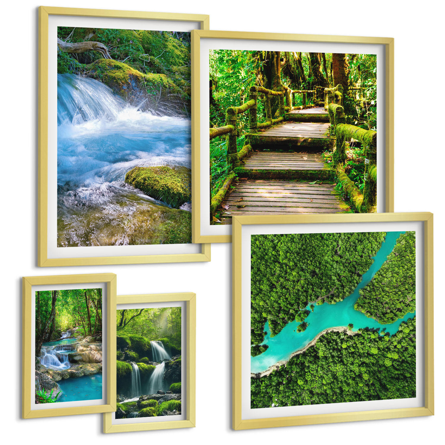 BILDER SET 5er Set - 50x50 cm & 20x30 cm & 40x60 cm Goldrahmen - Grüne Berge, Flussfelsen - Goldfarben, Kunststoff (40/60cm) - TULUP