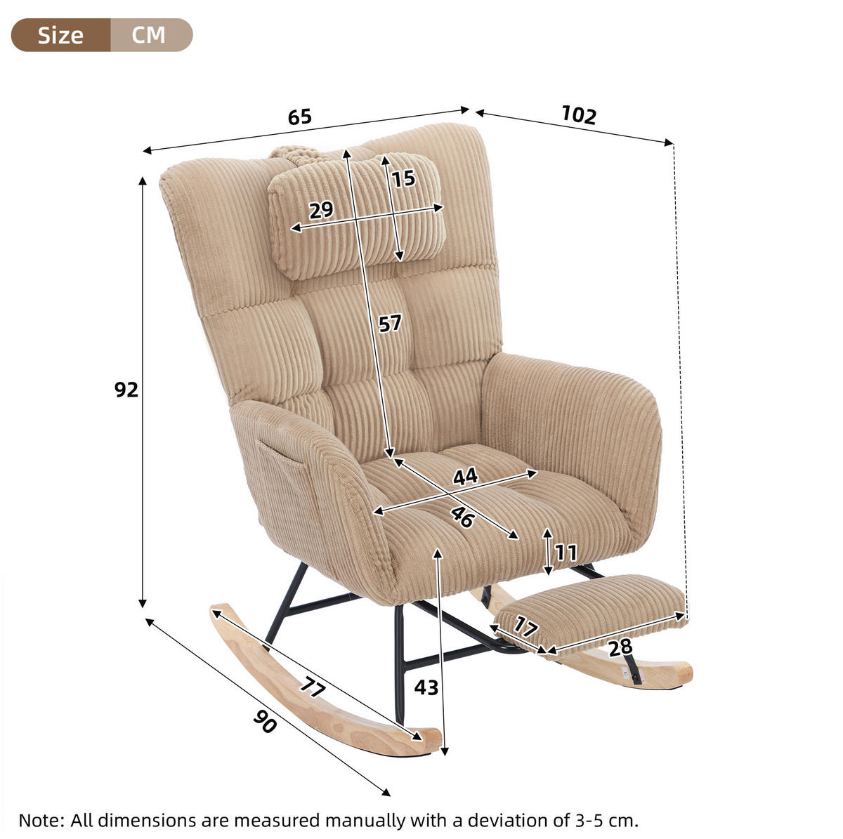SCHWINGSTUHL mit Armlehnen in Braun aus Cord, mit Nackenkissen und Fußstütze - Braun, Textil (65/92/102cm) - BEAOK