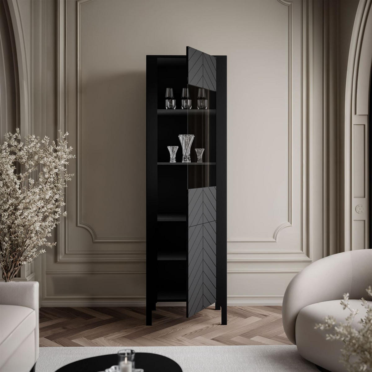 GLASVITRINE LUMI, Schwarz - Schwarz, Holzwerkstoff (60/197/41cm) - Lookway