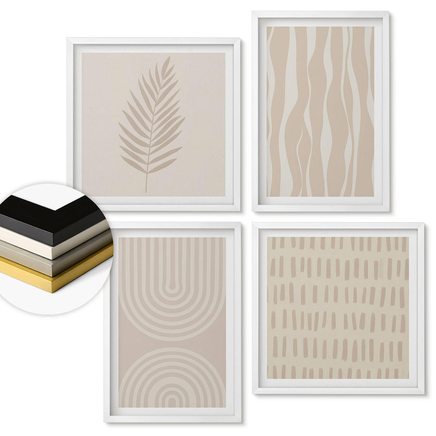 WANDBILDER 4er-Set - 50x50 cm & 40x60 cm Weißer Rahmen - Beige Pflanzenmuster - Weiß, Kunststoff (50/50cm) - ArtPrintCave