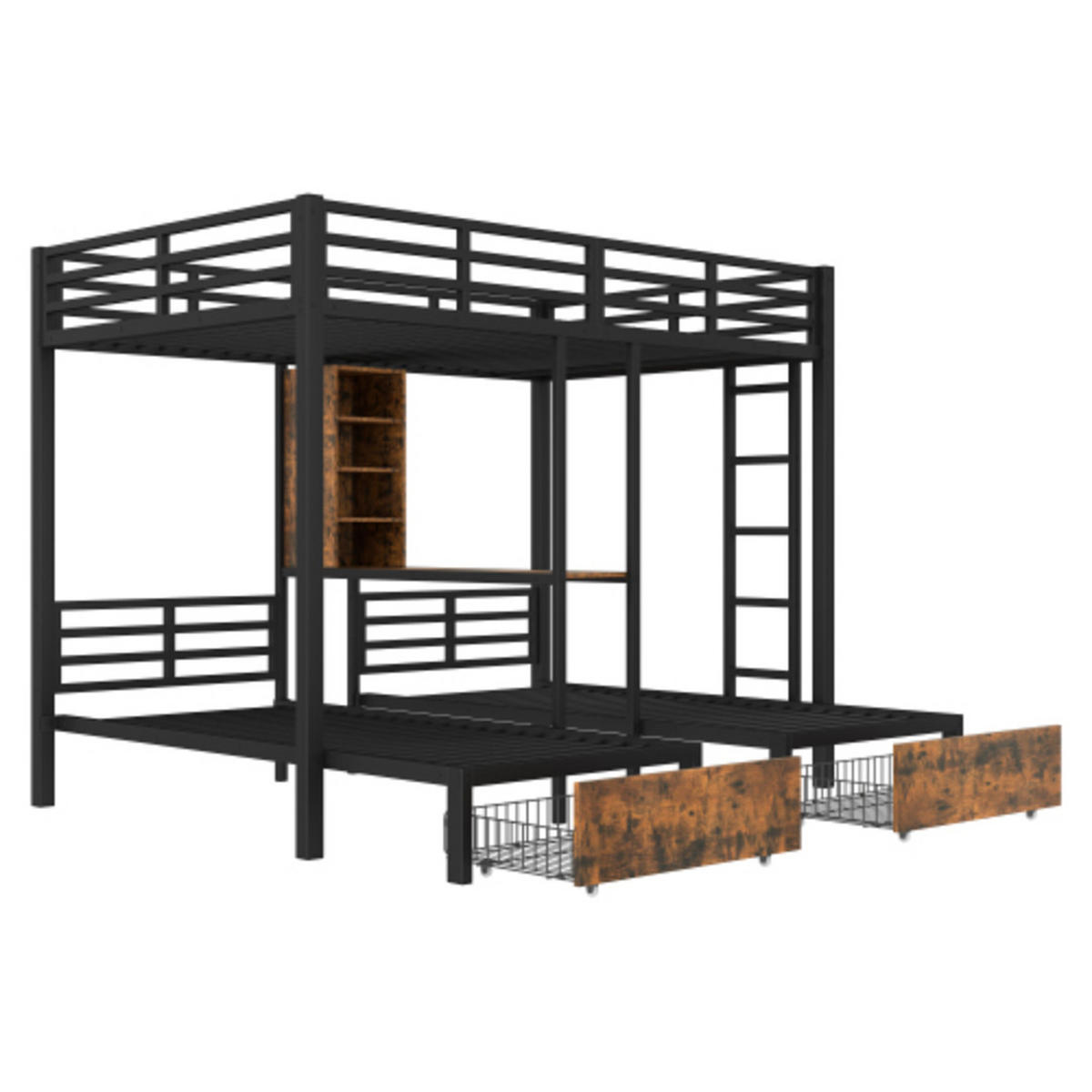 ETAGENBETT 140x200 cm & 90x200 cm, 3 Schlafplätze aus Metall und MDF mit Sicherheitsgeländern, 2 Schubladen und Staufächern, schwarz - Schwarz, Holzwerkstoff - Luhomfu