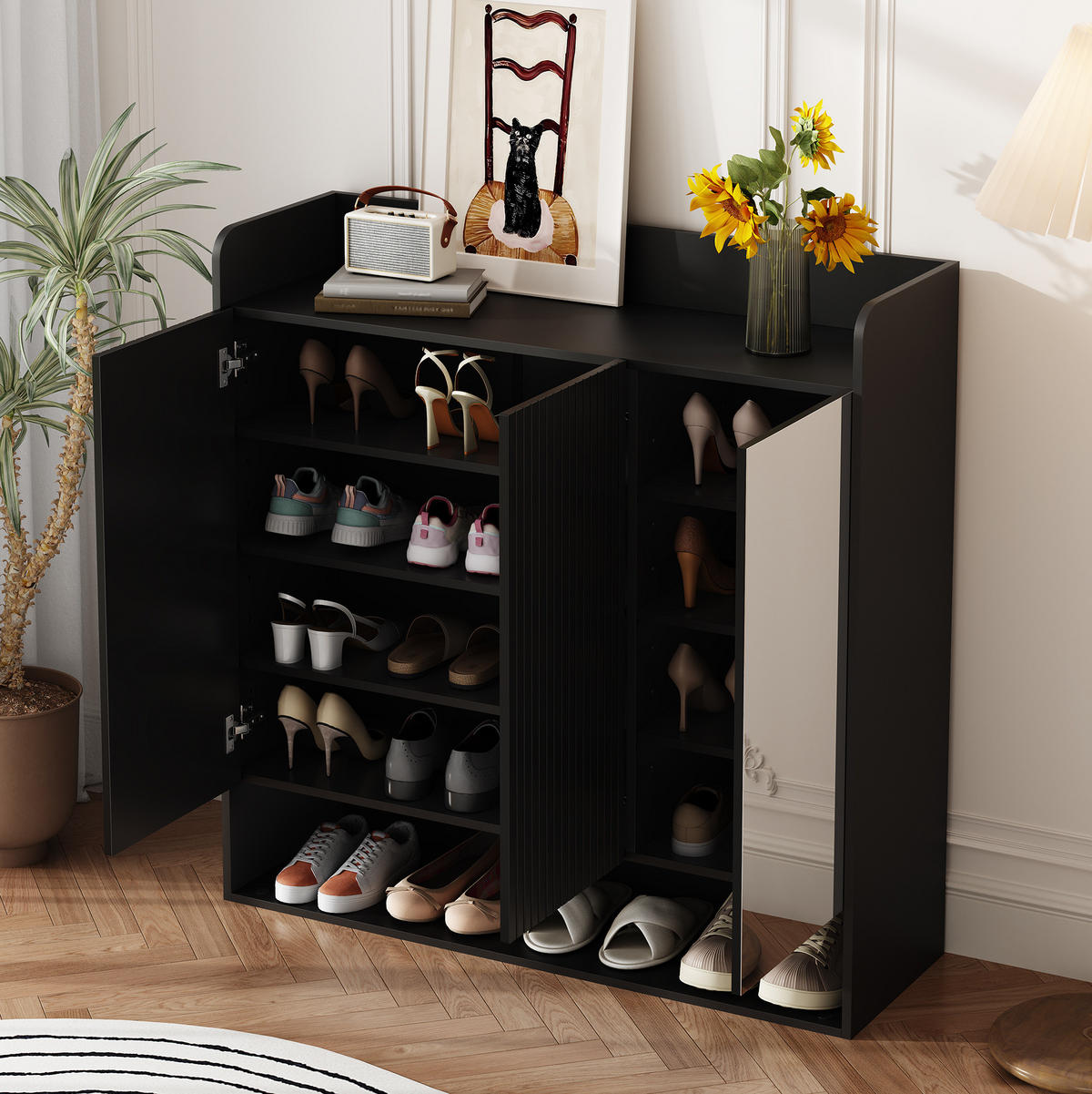 SCHUHSCHRANK mit Spiegel 110 x 35,5 x 110 cm MDF Schwarz - Schwarz, Holzwerkstoff (35.5/110/110cm) - Beauniv