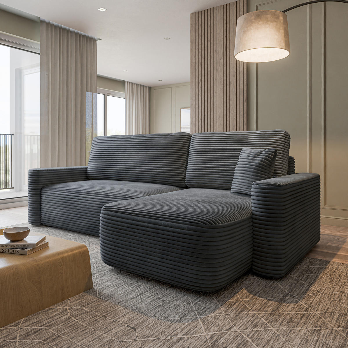 ECKSOFA NERI T Grau Kordstoff mit Schlaffunktion - Grau, Holzwerkstoff/Textil (280/157cm) - MASSENO