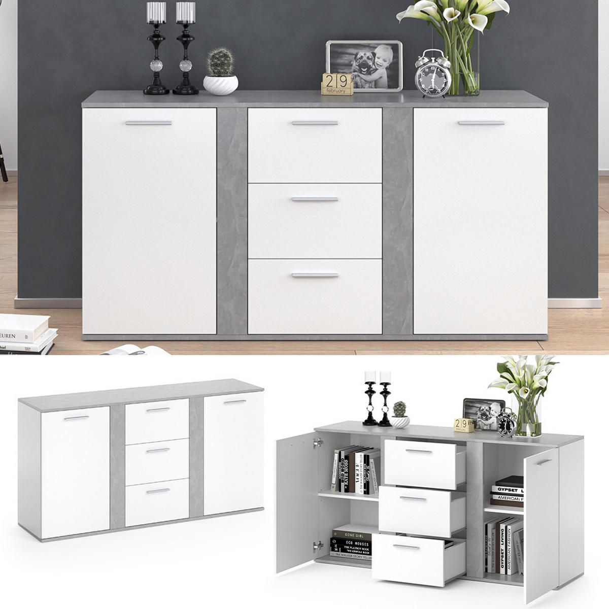 KOMMODE Novelli Beton 155 x 80 cm mit Schubladen - Grau, Holzwerkstoff (40/80/155cm) - Vicco