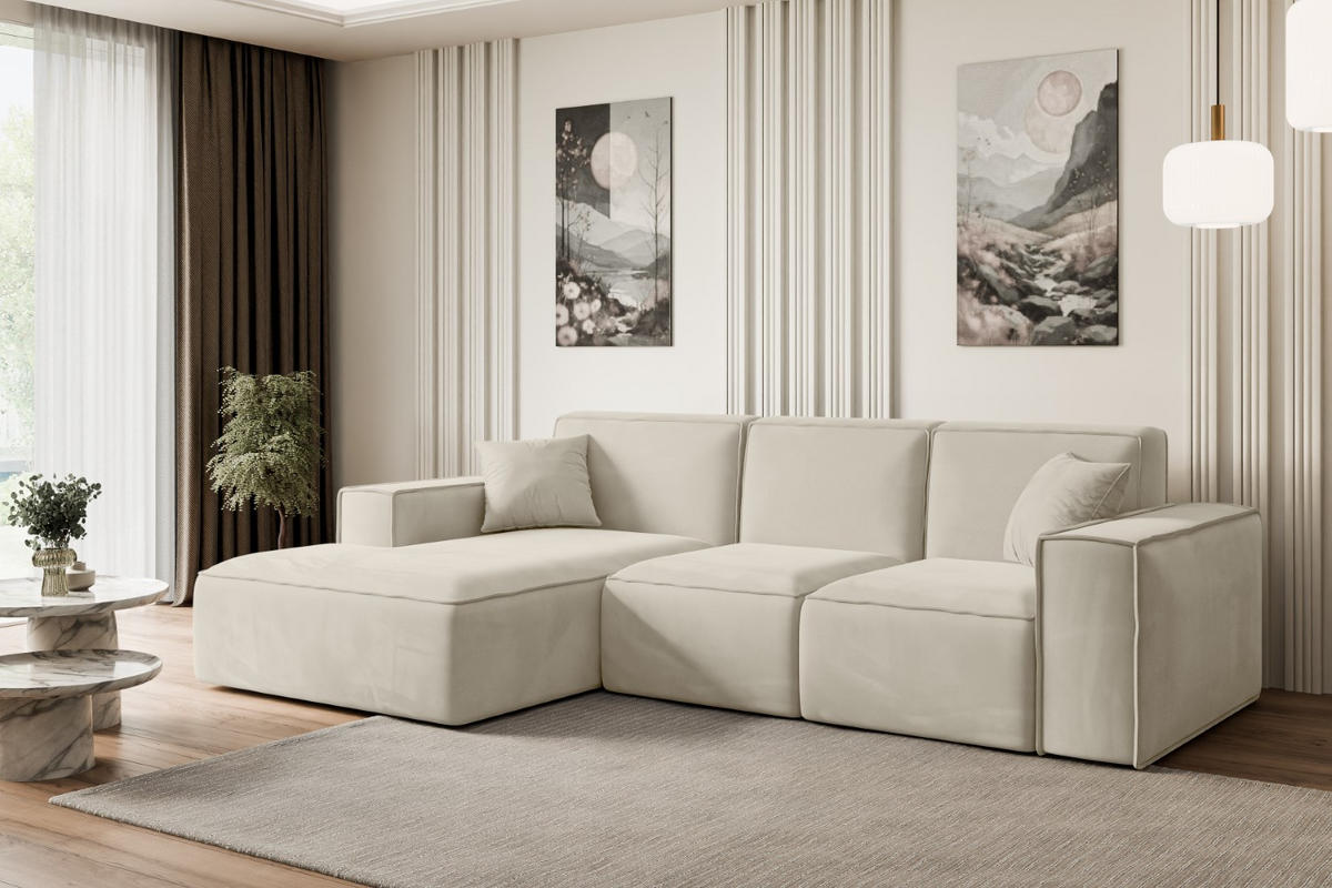 ECKSOFA Ottomane Links SERRA-L - 266x165x73 cm Beige Velours - Beige/Schwarz, Holzwerkstoff/Kunststoff (165/266cm) - ALTDECOR