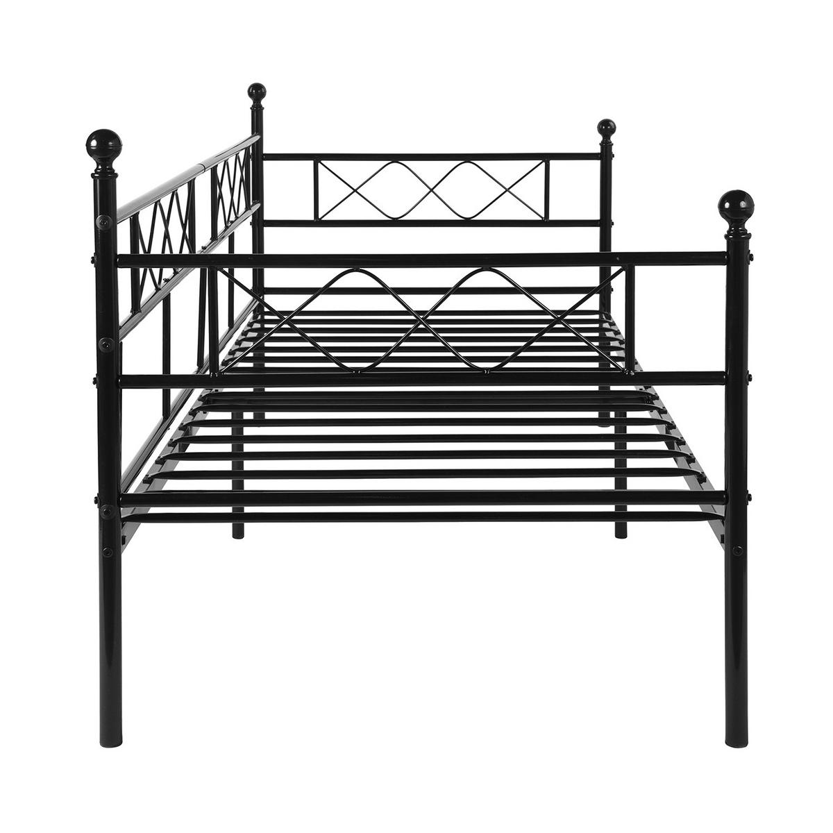 PAT PENTRU COPII, lemn de pin, design de casă, 140x190cm cu somieră cu șipci - negru, metal (198/94/95.5cm) - Urban Meuble
