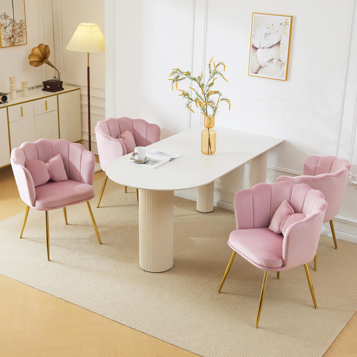 STUHL SET 4-TEILIG Samt Polster Blütenblatt-Rücken Goldfüße & Kissen Rosa - Pink, Holz (62/43/54cm) - FLIEKS