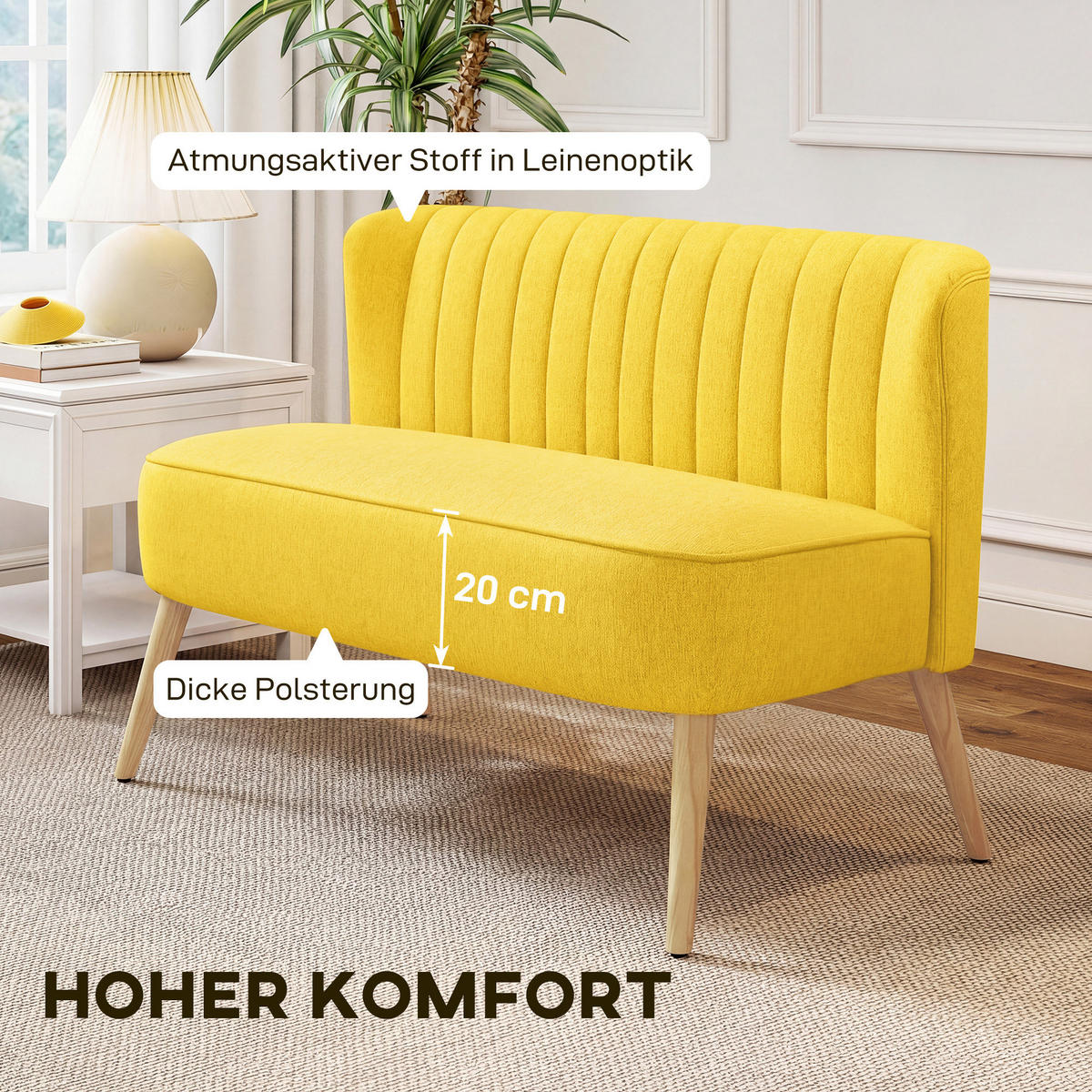 SOFA 2-Sitzer Couch Stoffsofa Sitzmöbel Polstersofa Loungesofa breit Gelb - Gelb/Naturfarben, Holz/Textil (56.5/77/117cm) - HOMCOM