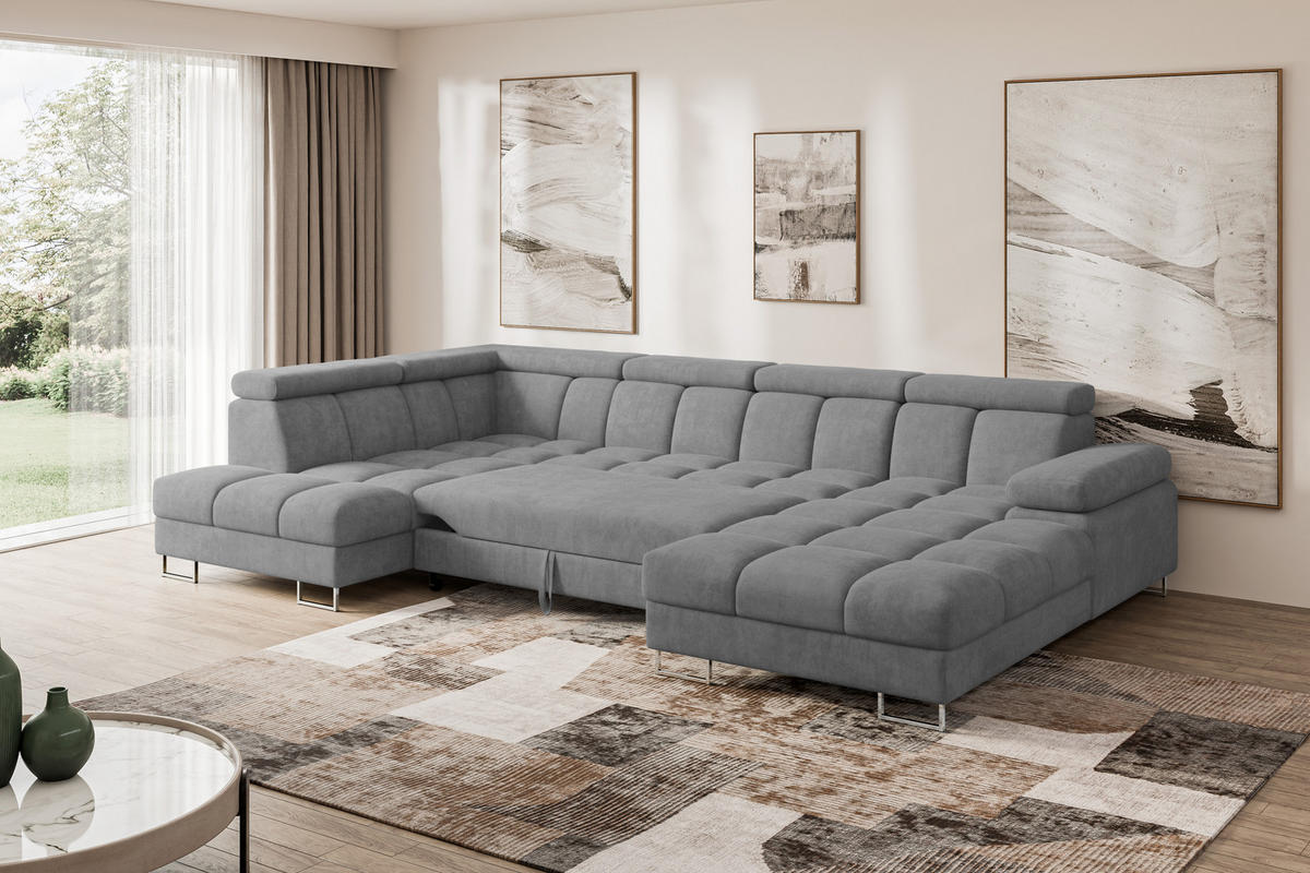 WOHNLANDSCHAFT mit Schlaffunktion und Bettkasten Ottomane Links COMA U 345x203x79 Grau Velours - Grau, Holzwerkstoff/Textil (345/79/203cm) - ALTDECOR