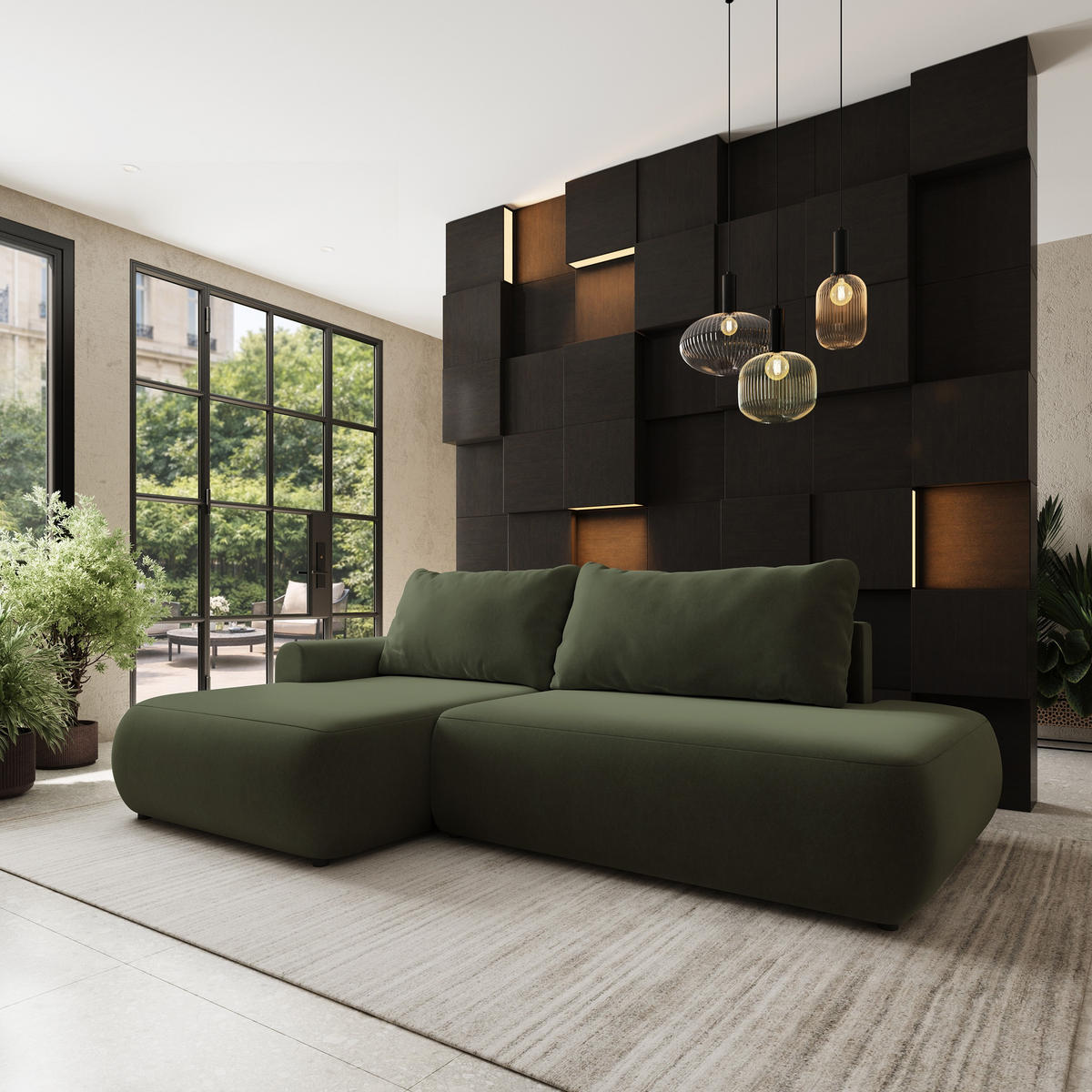 ECKSOFA NUVIRA CL L-S Olivgrün Samtstoff mit Schlaffunktion - Olivgrün, Holzwerkstoff/Textil (279/158cm) - MASSENO