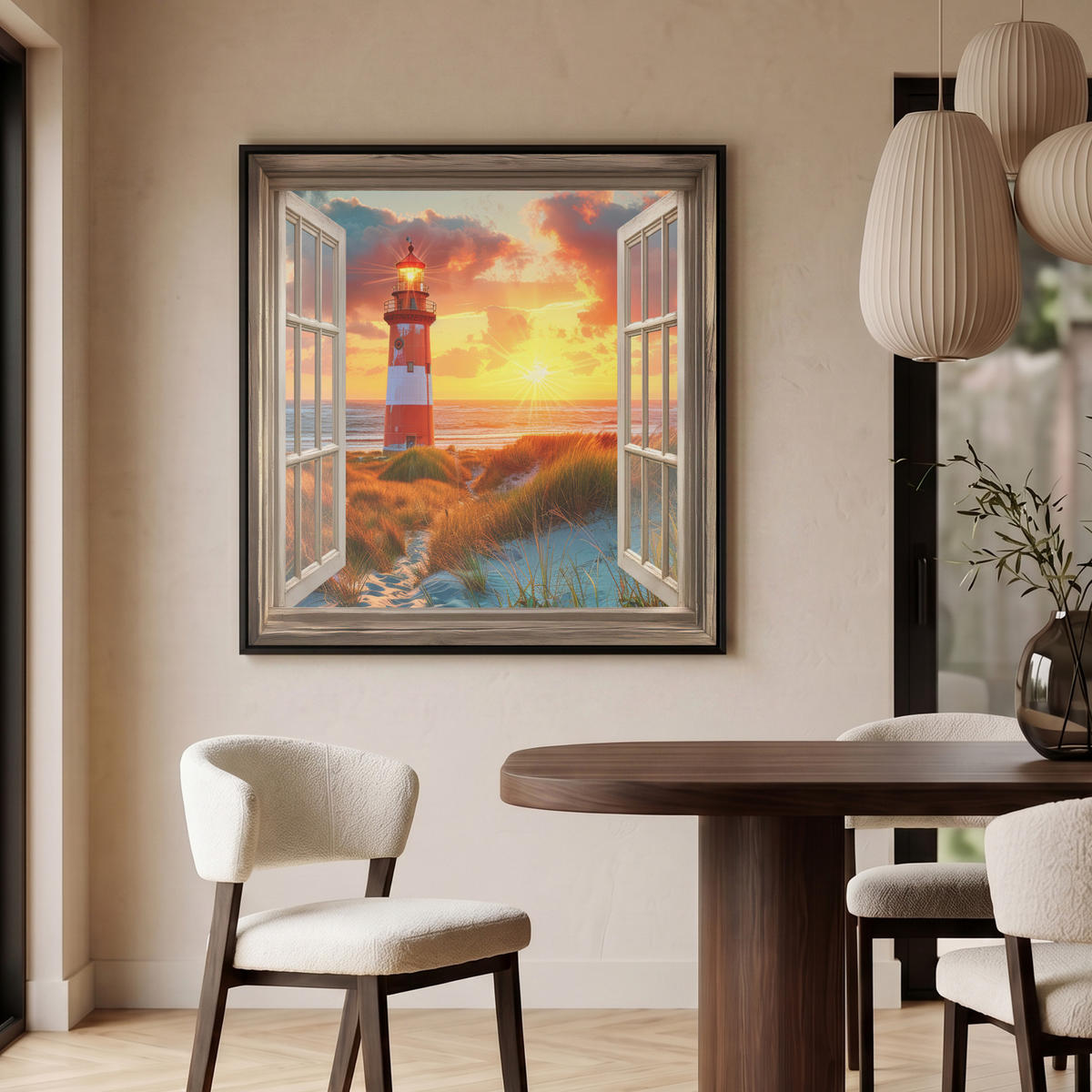 LEINWAND Bilder mit Rahmen - Aussicht - Fenster - Leuchtturm - Sonnenuntergang - Strand - 90x90 - Dunkelorange, Textil (90/90cm) - MuchoWow