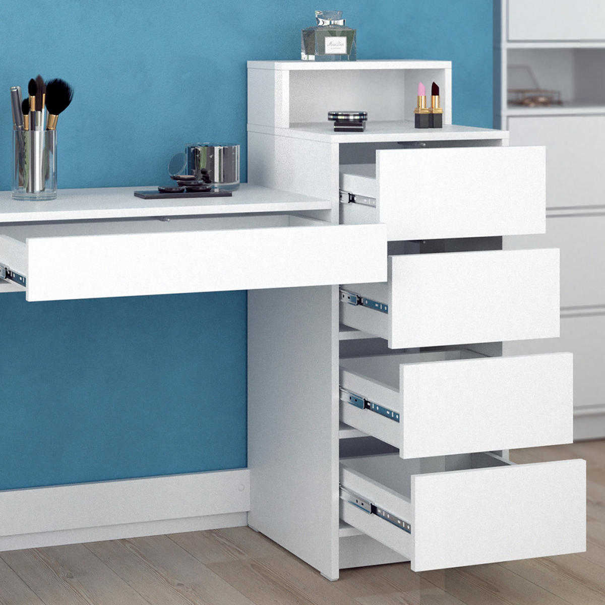 SCHMINKTISCH Naara Weiß 110.5 cm mit 5 Schubladen - Weiß, Holzwerkstoff (40.3/110.5/100.6cm) - Vicco
