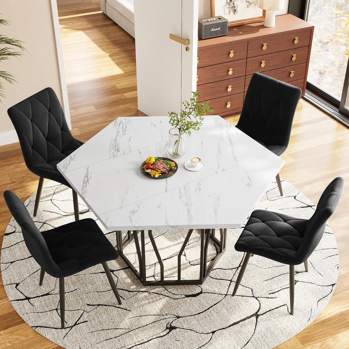 COUCHTISCH 115,5/100 cm sechseckig mit Marmor-Design und schwarzem Metallrahmen - Schwarz, Holzwerkstoff (115.5/100/75cm) - OKWISH