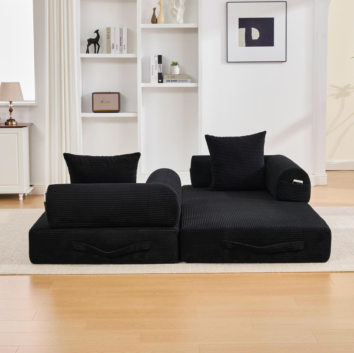 SOFA 200/94/67 cm in Schwarz aus Cord mit modularer Funktion und 3 Kissen - Schwarz, Textil (94/67/200cm) - Flora Grace