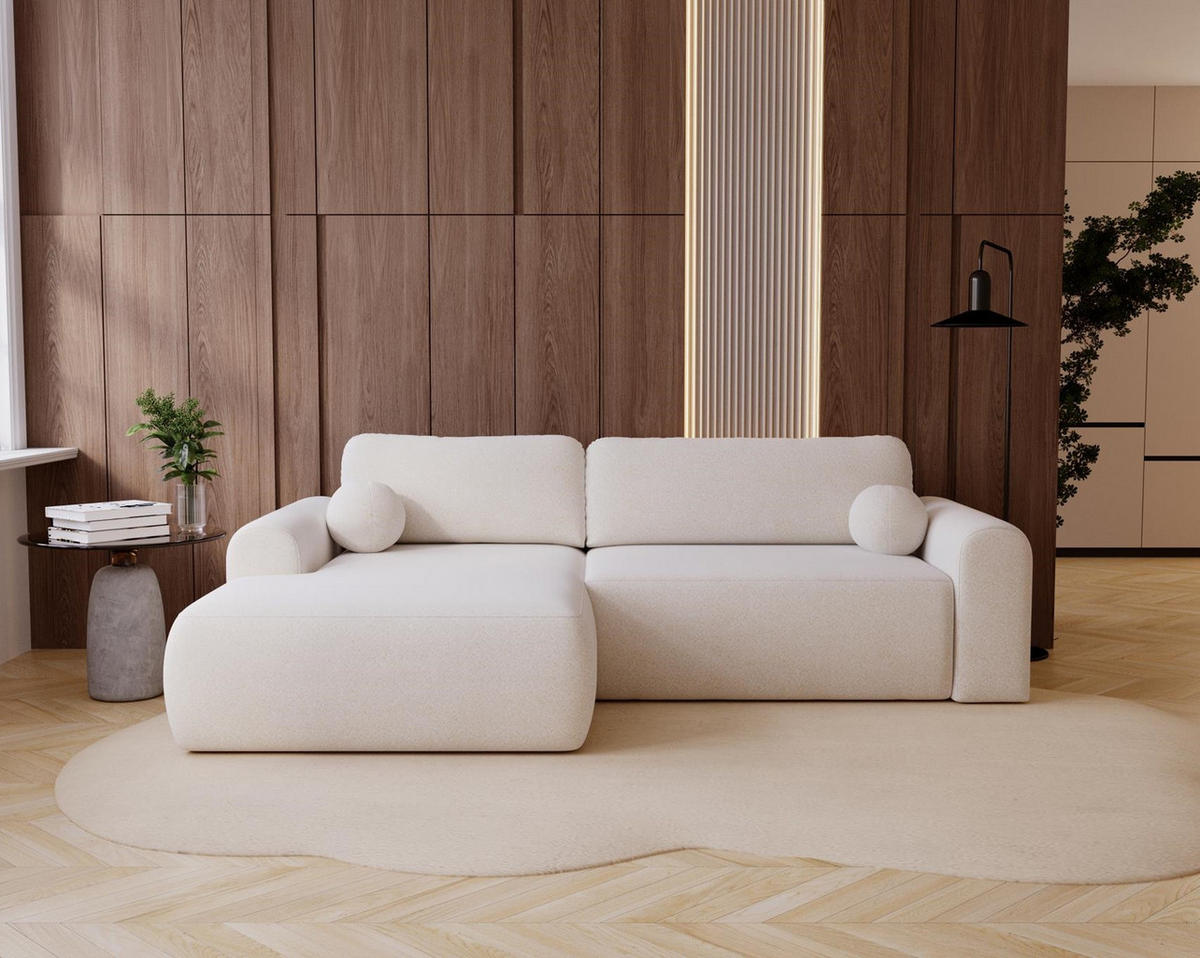 ECKSOFA Aurora Weiß, mit Schlaffunktion in Lambi Stoff, linke seite - Weiß, Holzwerkstoff/Textil (257/177cm) - Bettso