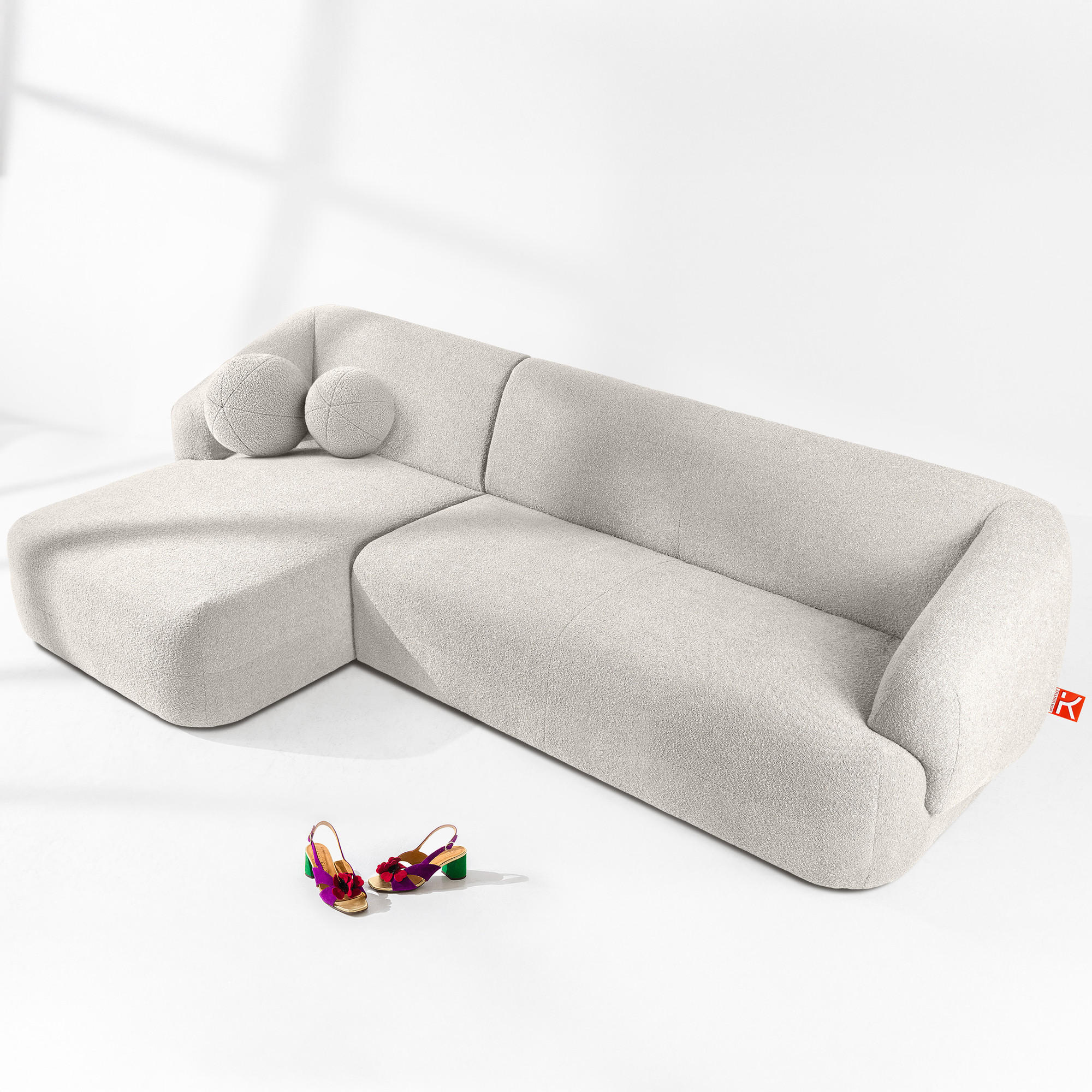 ECKSOFA LINKS VIRA, Weiß, Bouclé - Schwarz/Weiß, Holz/Holzwerkstoff (300/160cm) - KONSIMO®