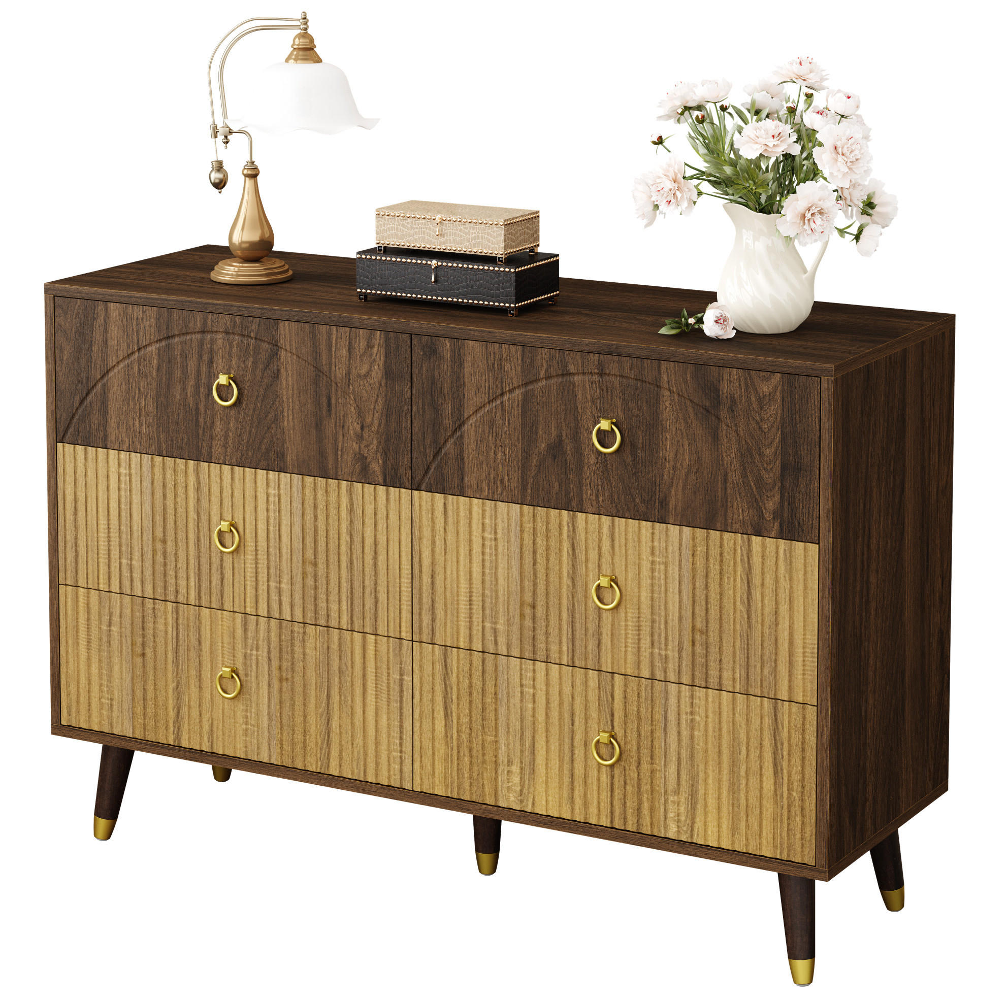 KOMODA z MDF a dřevotřísky 120x40x81 cm přírodní se 6 zásuvkami v retro stylu - přírodní, kompozitní dřevo (120/81/40cm) - Modfu