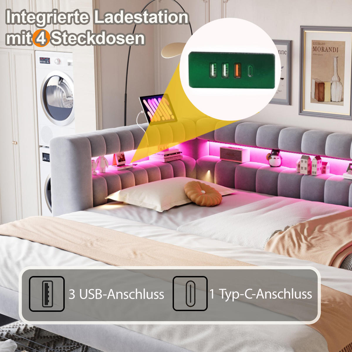 POLSTERBETT 90/180 × 190 cm mit LED, USB und Typ-C, Hellgrau - Hellgrau, Textil (180/190cm) - FLIEKS