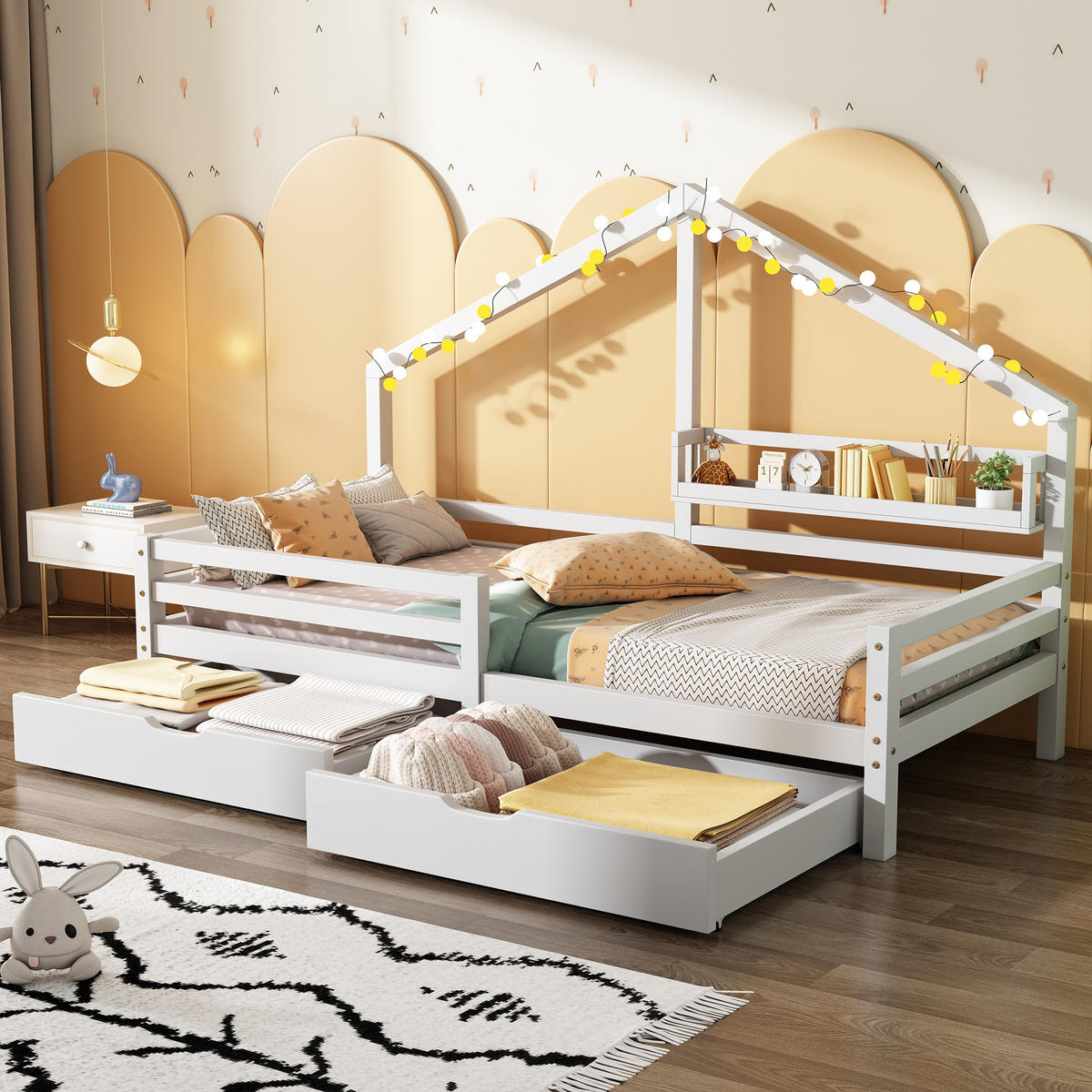 HAUSBETT 90/200 cm Weiß mit Schubladen aus Kiefernholz - Weiß, Holzwerkstoff (90/200cm) - OKWISH