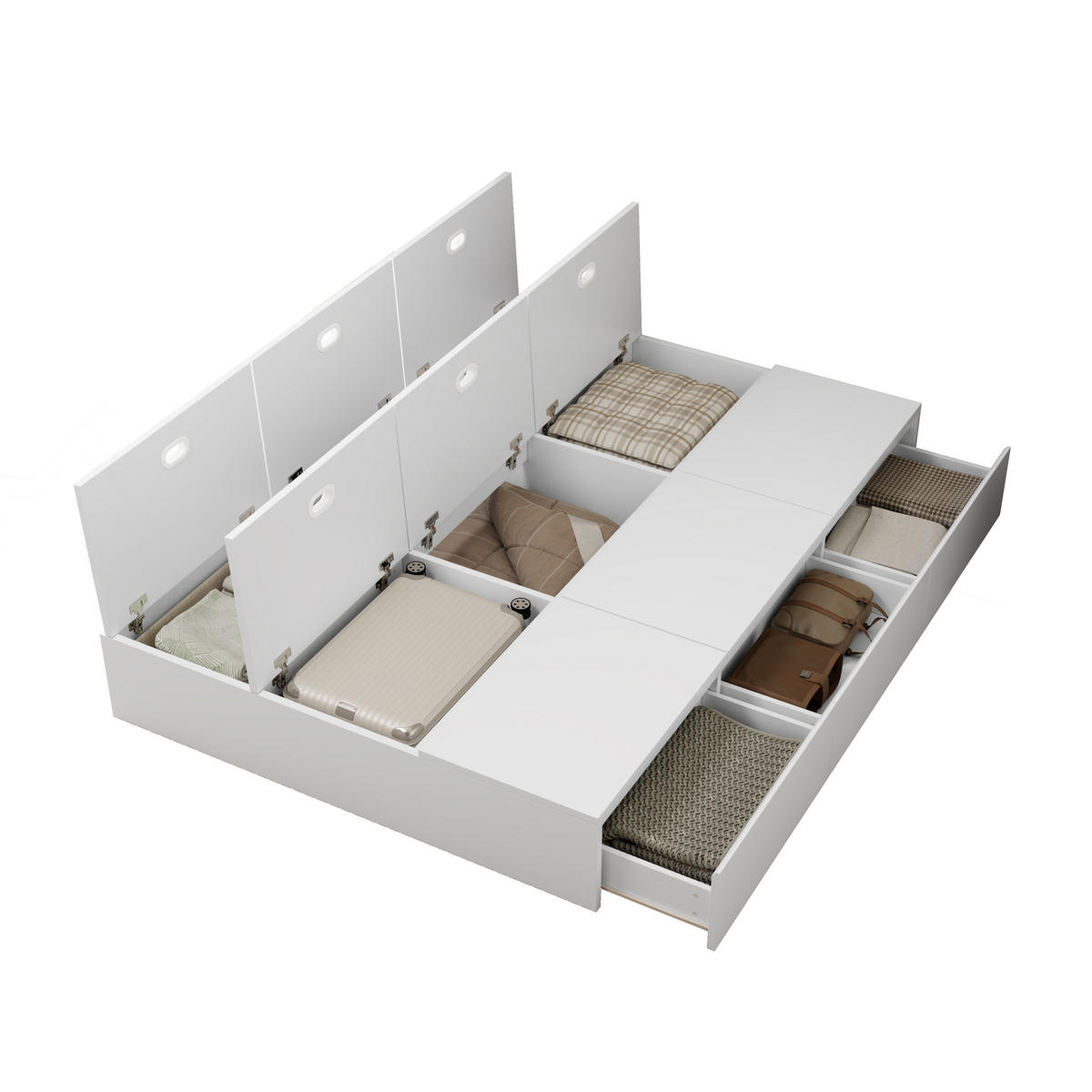 STAURAUMBETT 140/200 cm Weiß mit Aufbewahrungsboxen und Schubladen - Weiß, Holzwerkstoff (140/200cm) - OKWISH