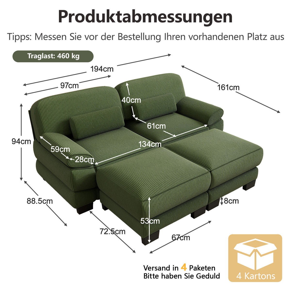 2-SITZER-SOFA modular mit 2 Hockern, DE-42659, Grün - Grün, Holz (194/94/161cm) - ComfortXL
