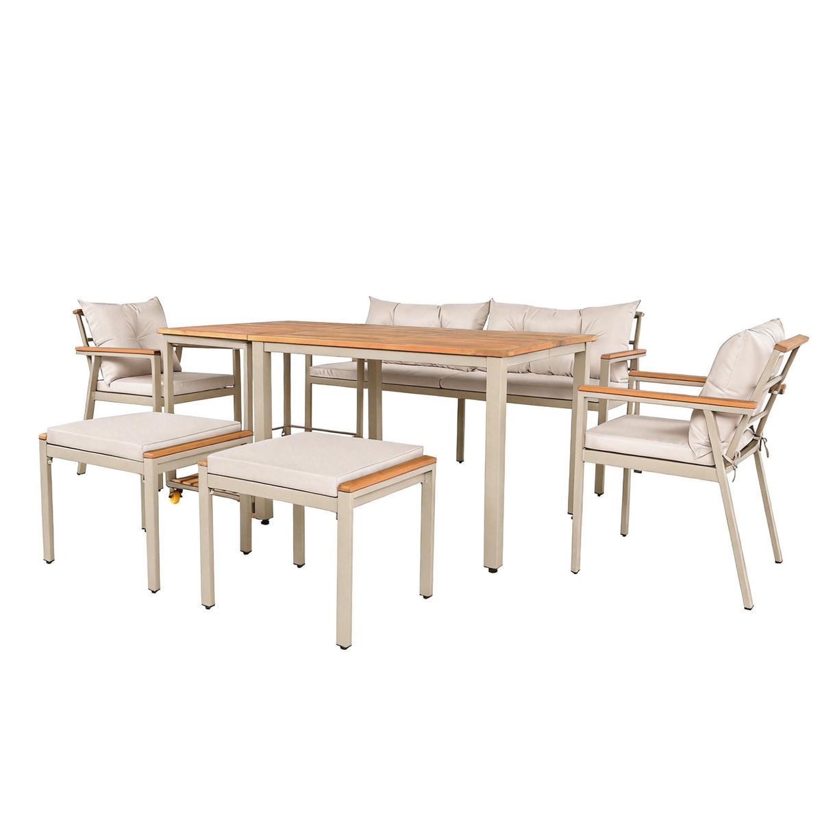 GARTEN-ESSTISCHSET für 6-7 Personen mit abnehmbarem Servierwagen und wasserabweisenden Kissen, Beige/Natur - Beige, Metall - Redom