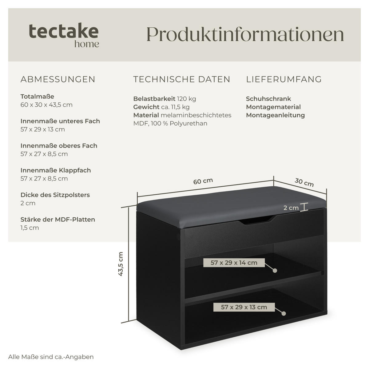 SCHUHBANK Jasmina,60 x 30 x 43,5 cm,schwarz - Schwarz, Holz (30/43.5/60cm) - tectake